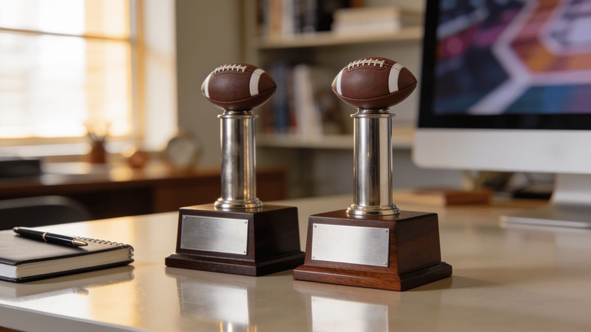 mid range fantasy football trophies on desk