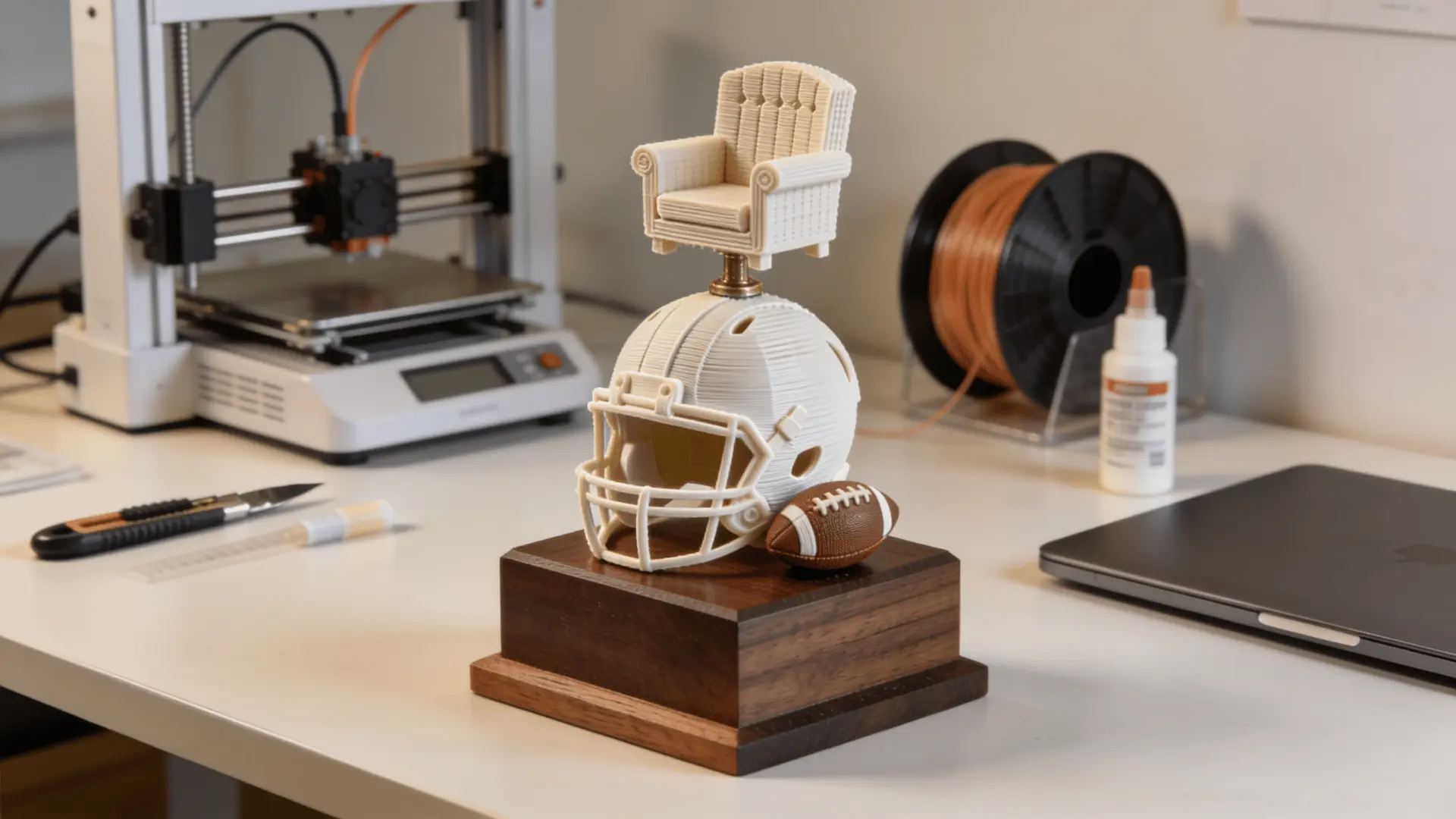 printed fantasy football trophy on office desk