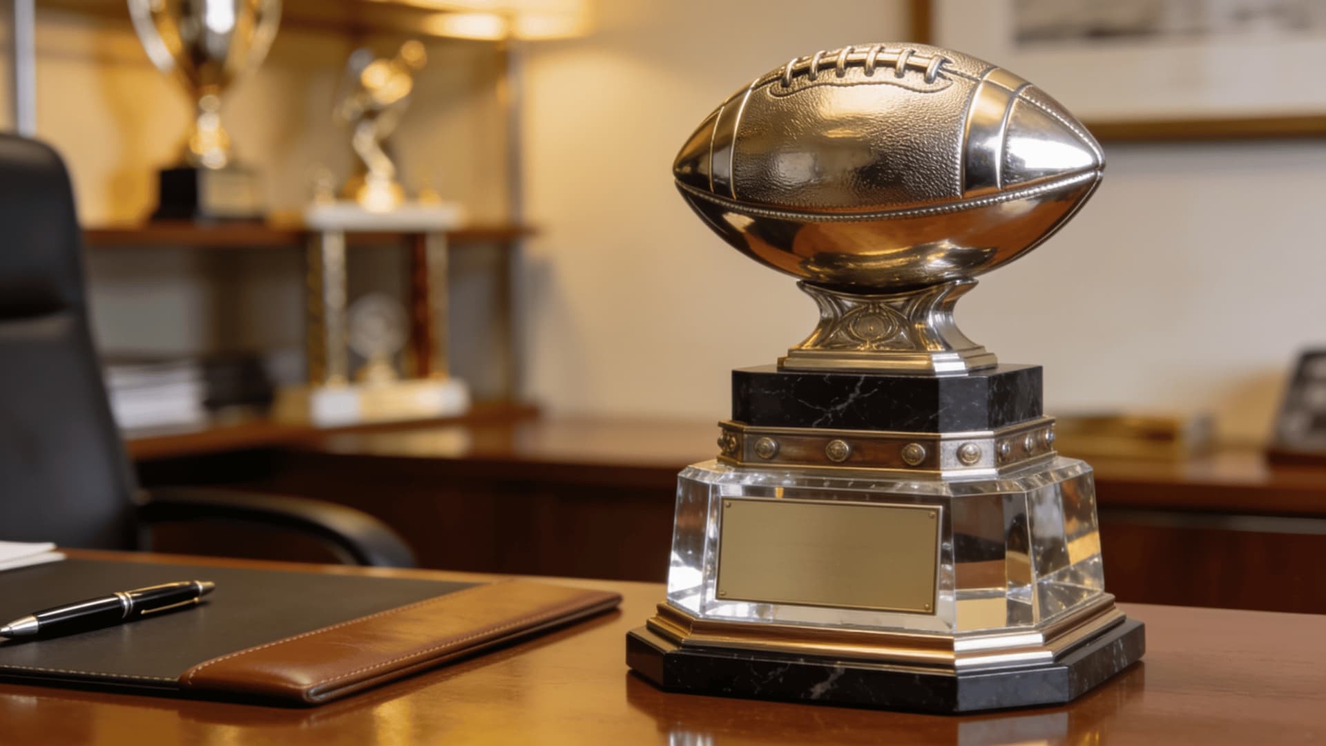 premium fantasy football trophy on office desk
