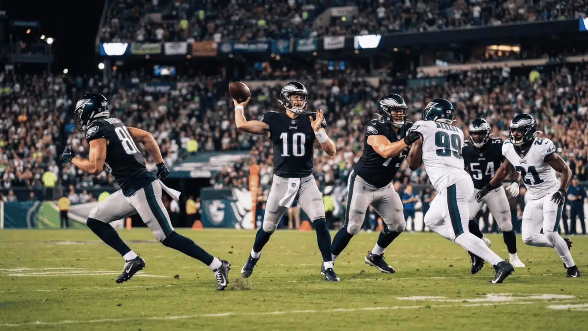 football quarterback prepares to throw as teammates block defenders during a packed stadium night game