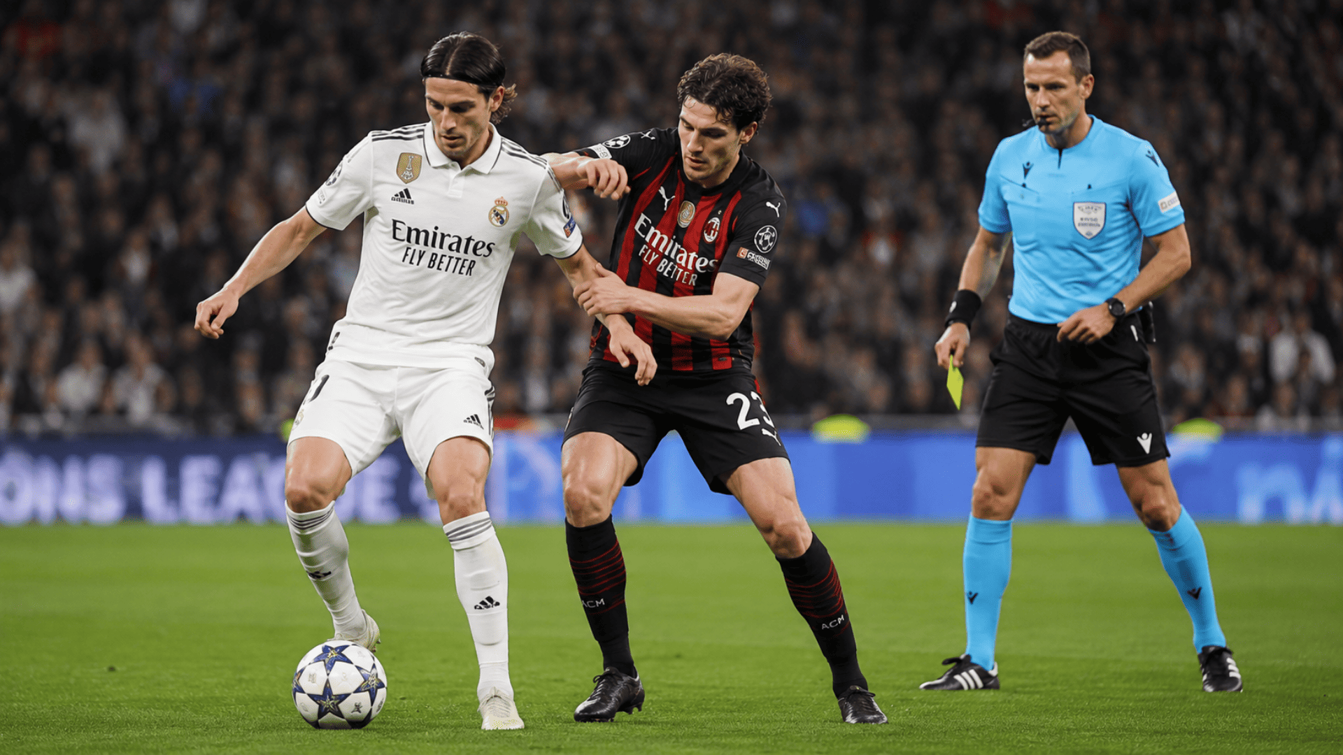 Soccer players competing fairly for possession while a referee closely monitors the action on the field