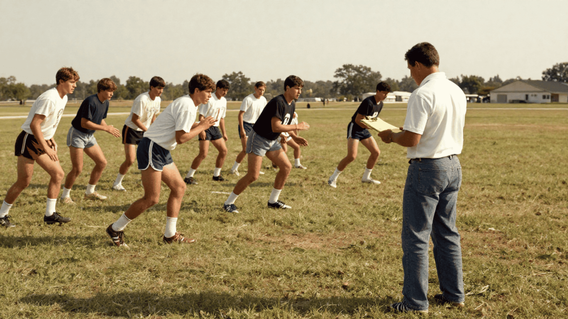 a coach observes a group of american football players practicing on a grassy field