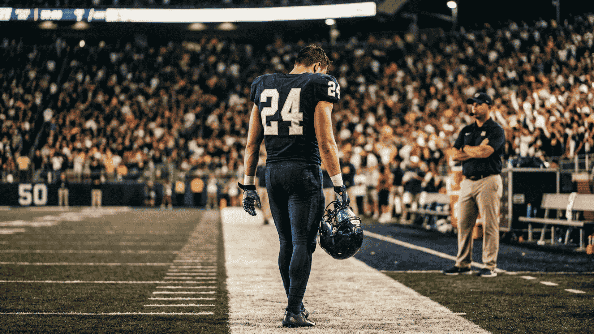 a college football player ejected for targeting walking off the field with helmet in hand