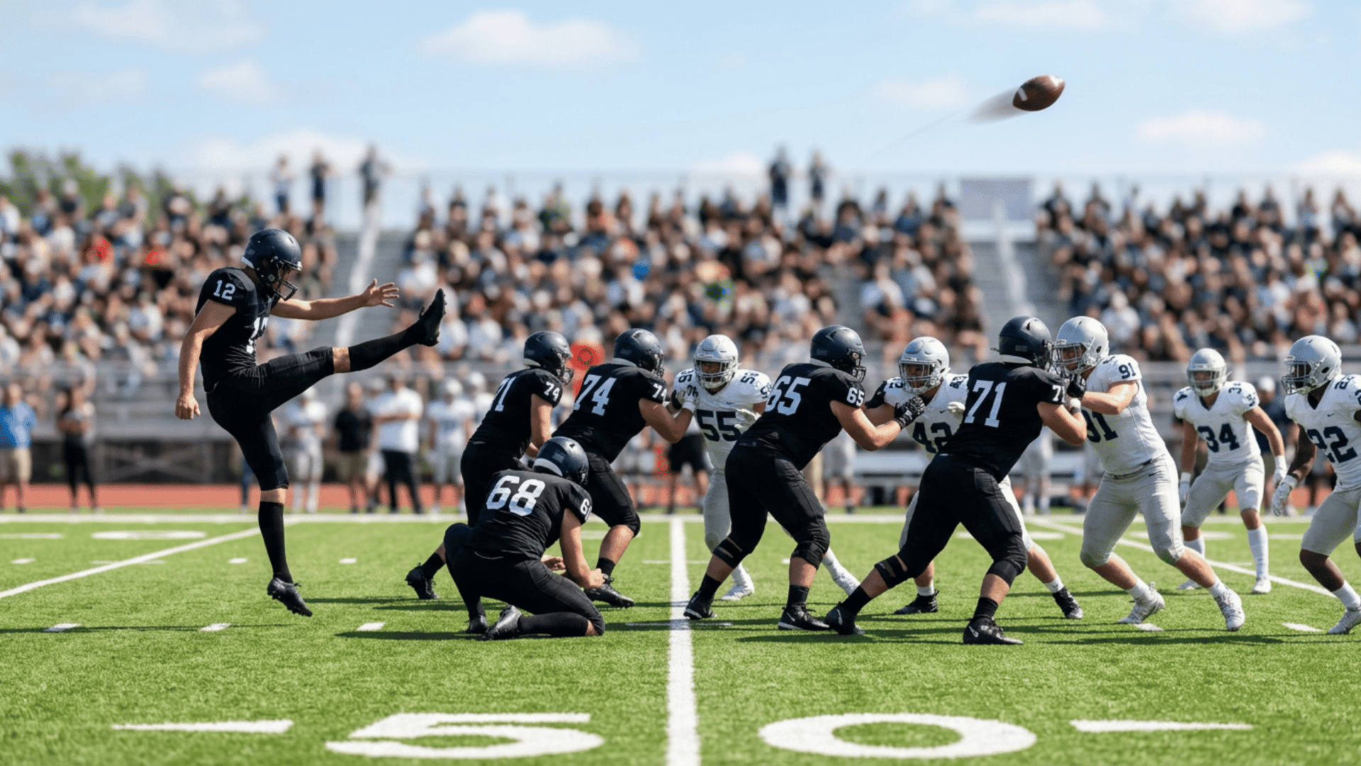 a football kicker in a black uniform kicks the ball during a game as teammates block defenders on the field