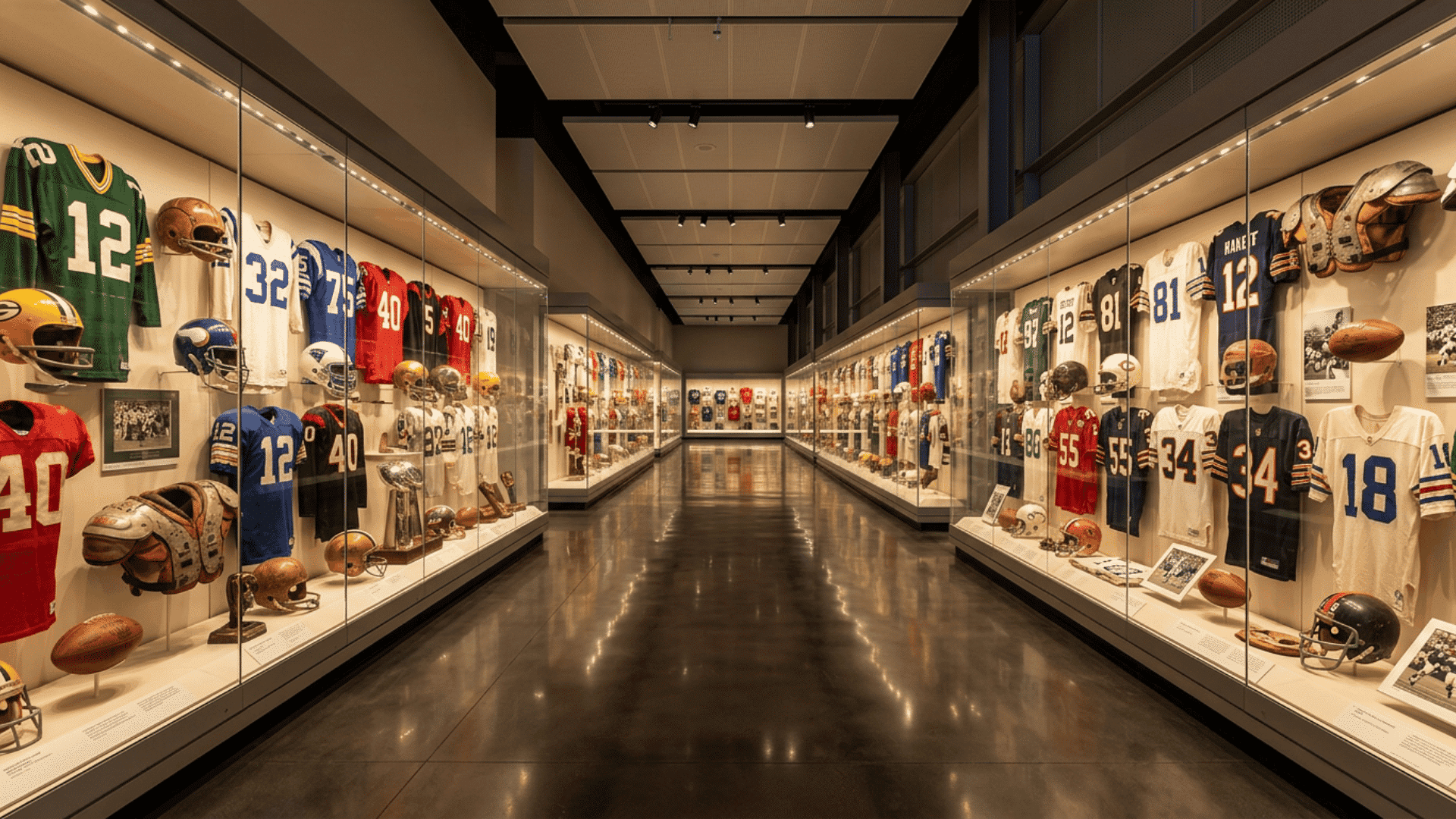 a football museum hallway displays jerseys helmets trophies and football memorabilia in glass cases on both sides