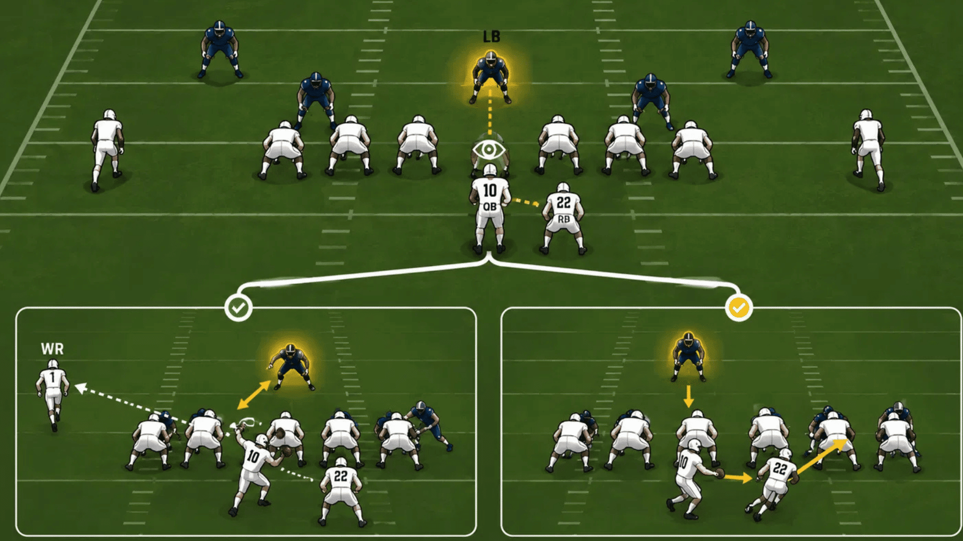 a football play diagram showing a qb reading a linebacker to decide between a pass to a wide receiver