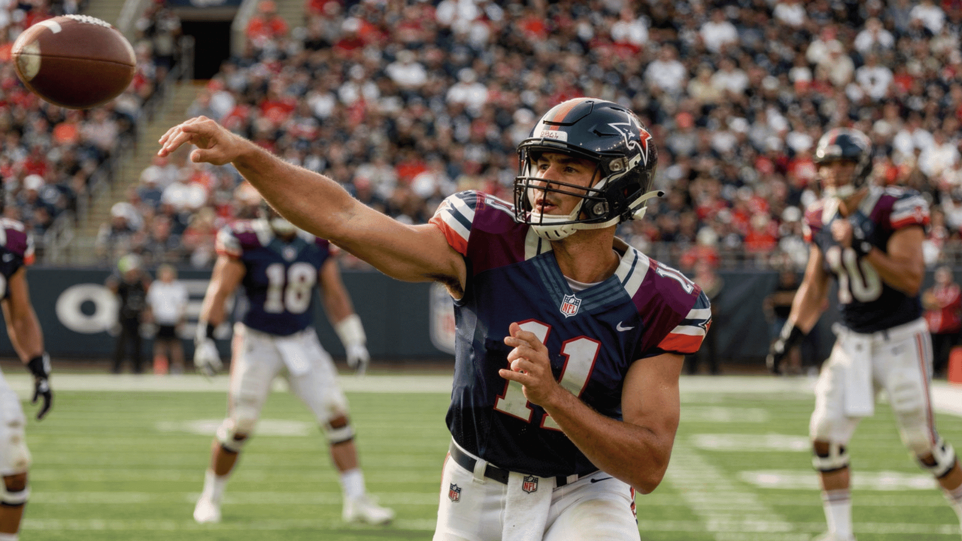 a football player wearing number eleven in a blue purple and orange uniform throws a football during a games