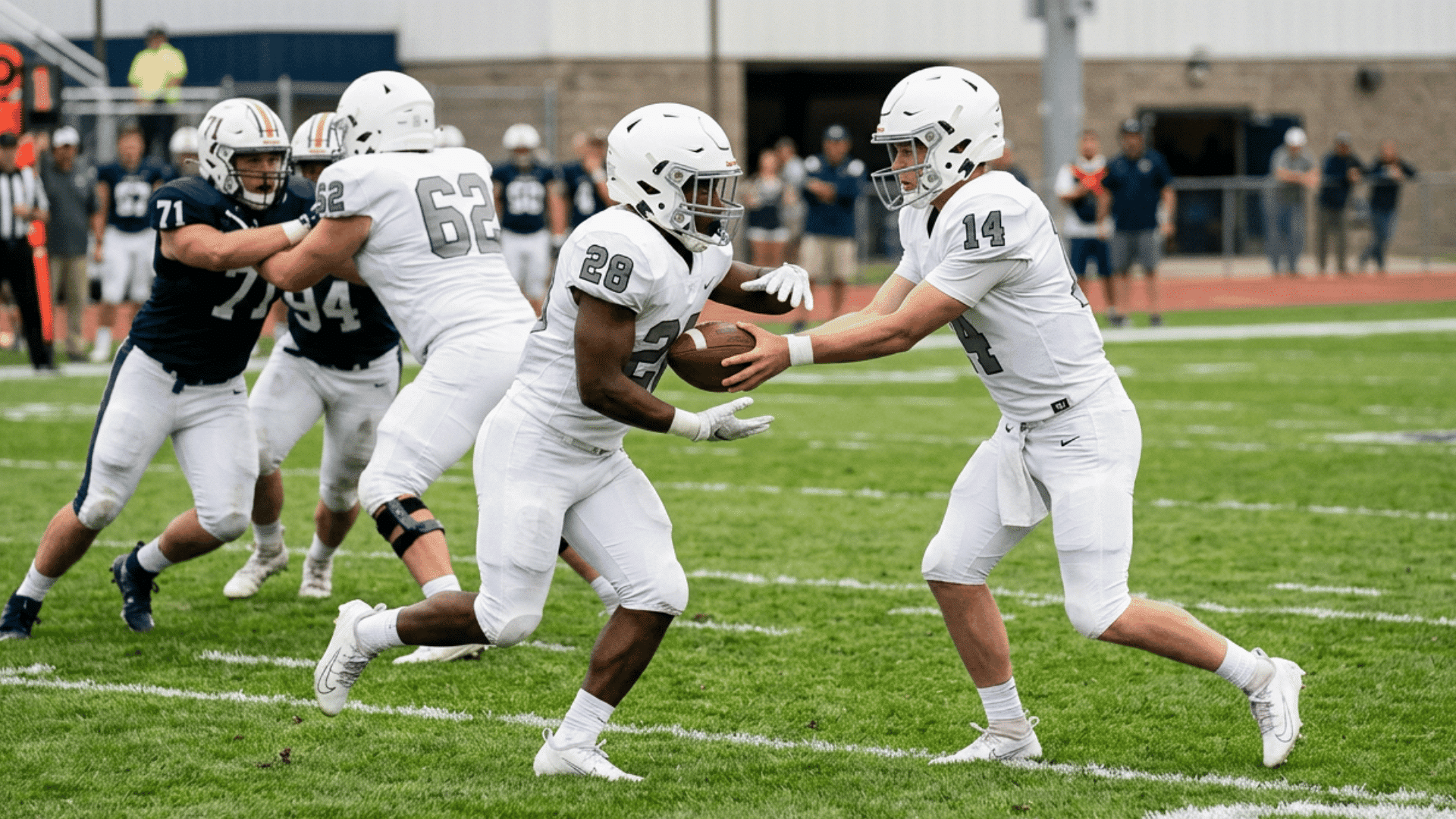 a football quarterback in white hands the ball to a running back while blockers engage defenders on a green field