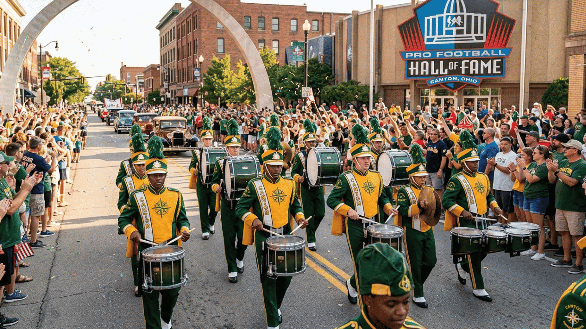 a marching band performs in a crowded parade outside the pro football hall of fame in canton ohio