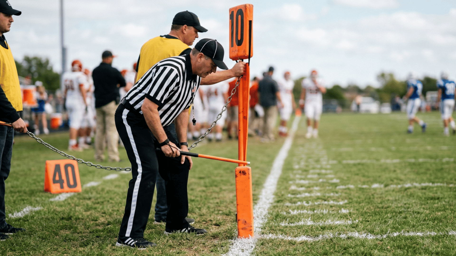 a referee adjusts the orange down marker on a football sideline as players and coaches stand in the background