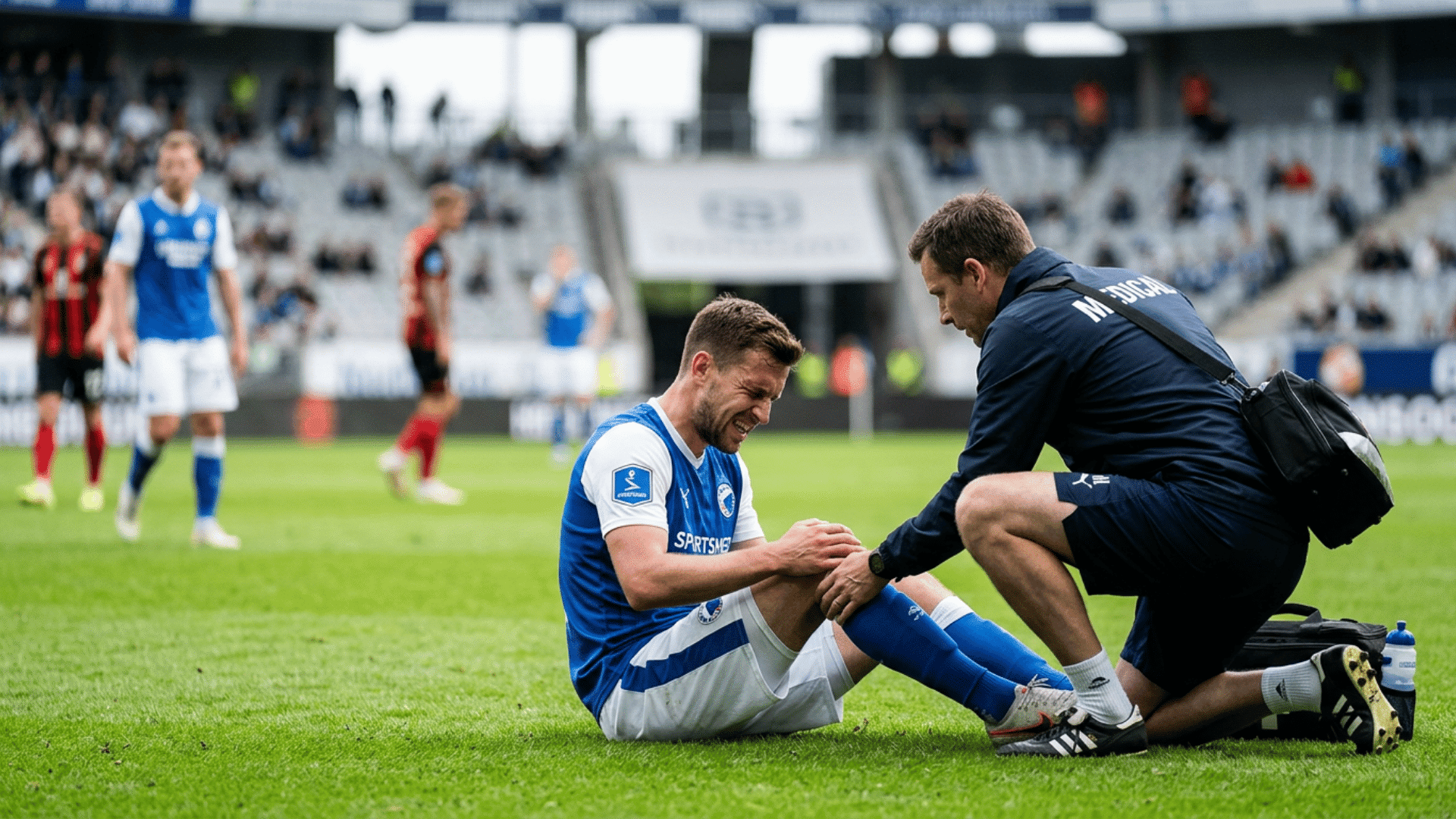 a soccer player in blue sits injured on the grass while a medic checks his leg during a match in a stadium