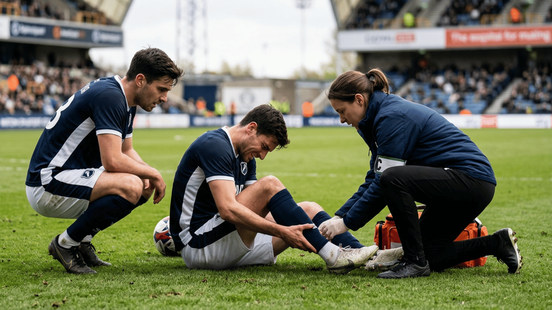 a soccer player sits on the grass holding his ankle while a medic tends to his injury and a teammate watches nearby