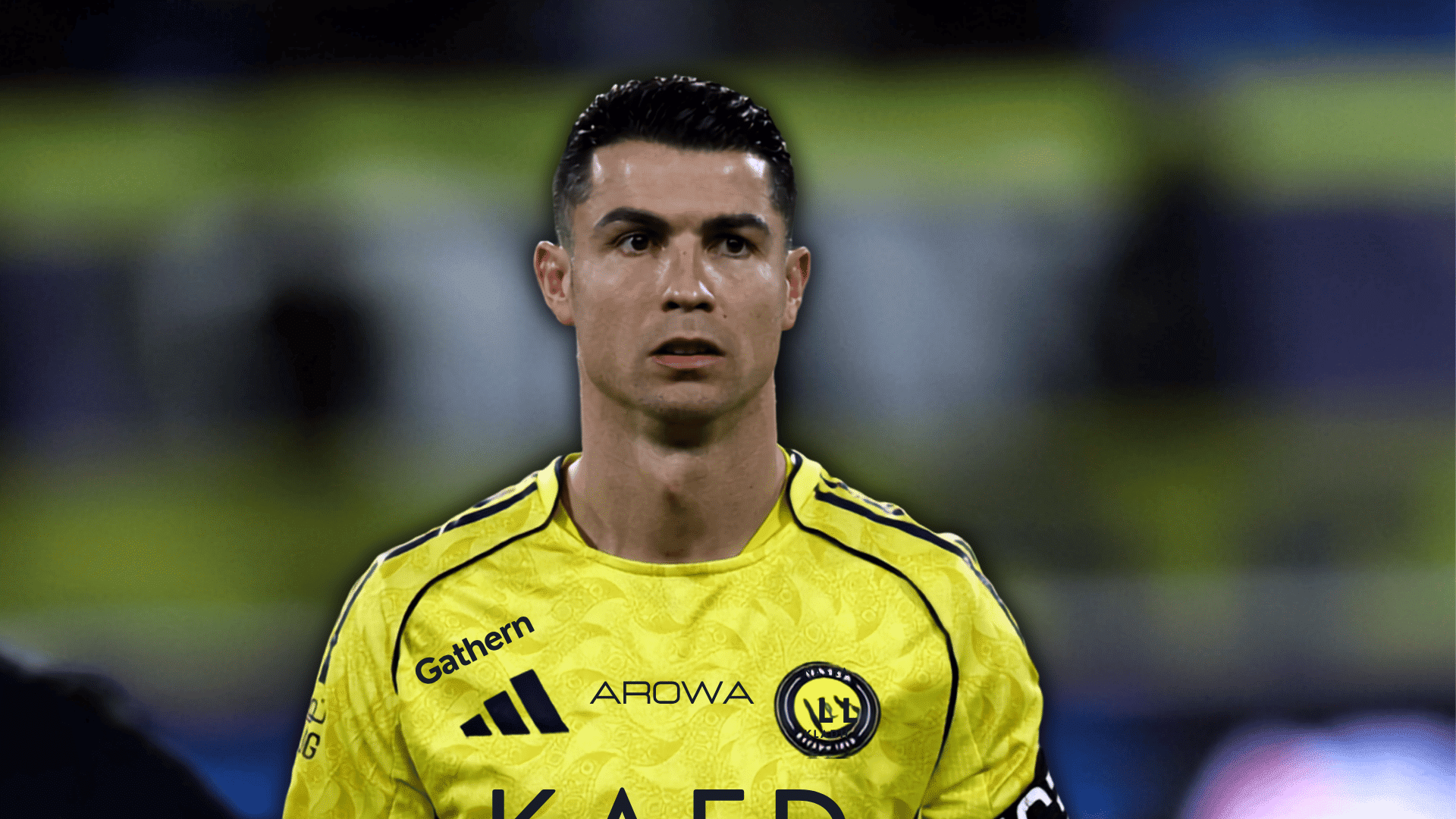 a soccer player wearing a bright yellow jersey stands on the field with a blurred stadium background
