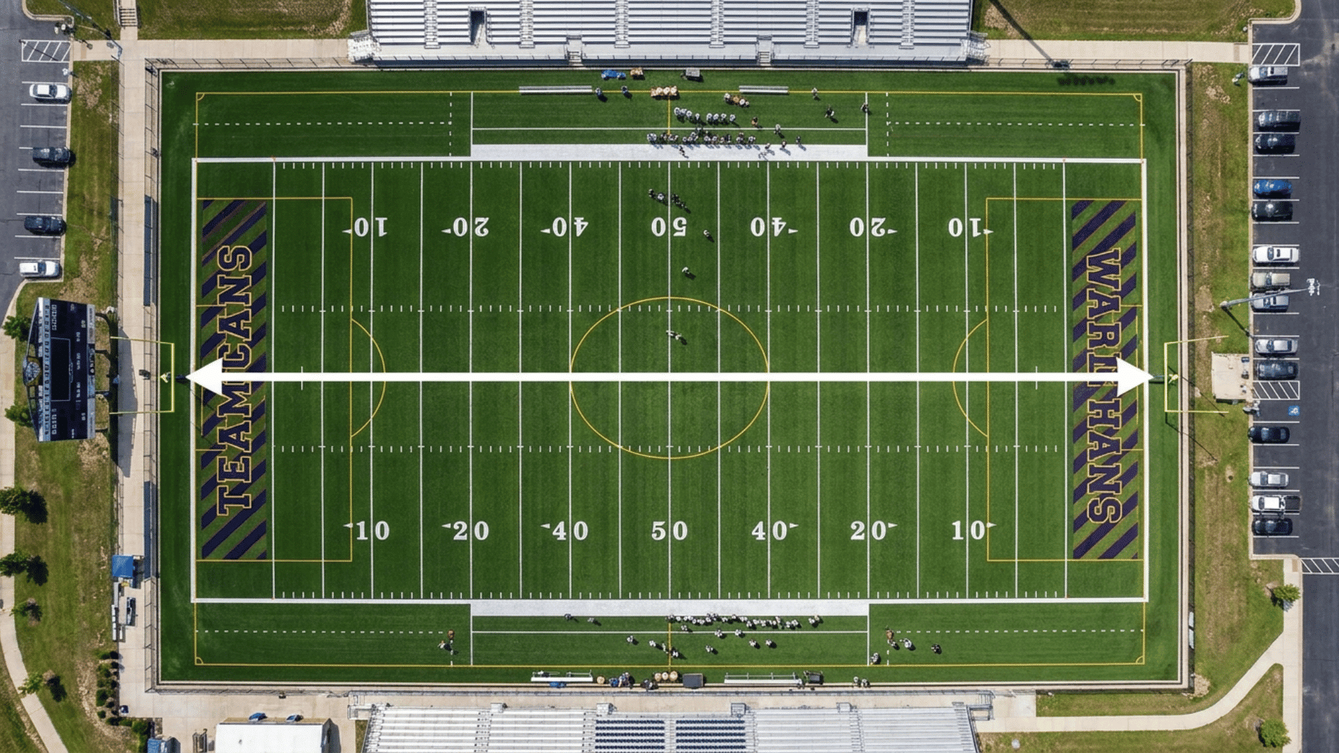 aerial view of a full American football field showing 120 yard length and 53 yard width dimensions