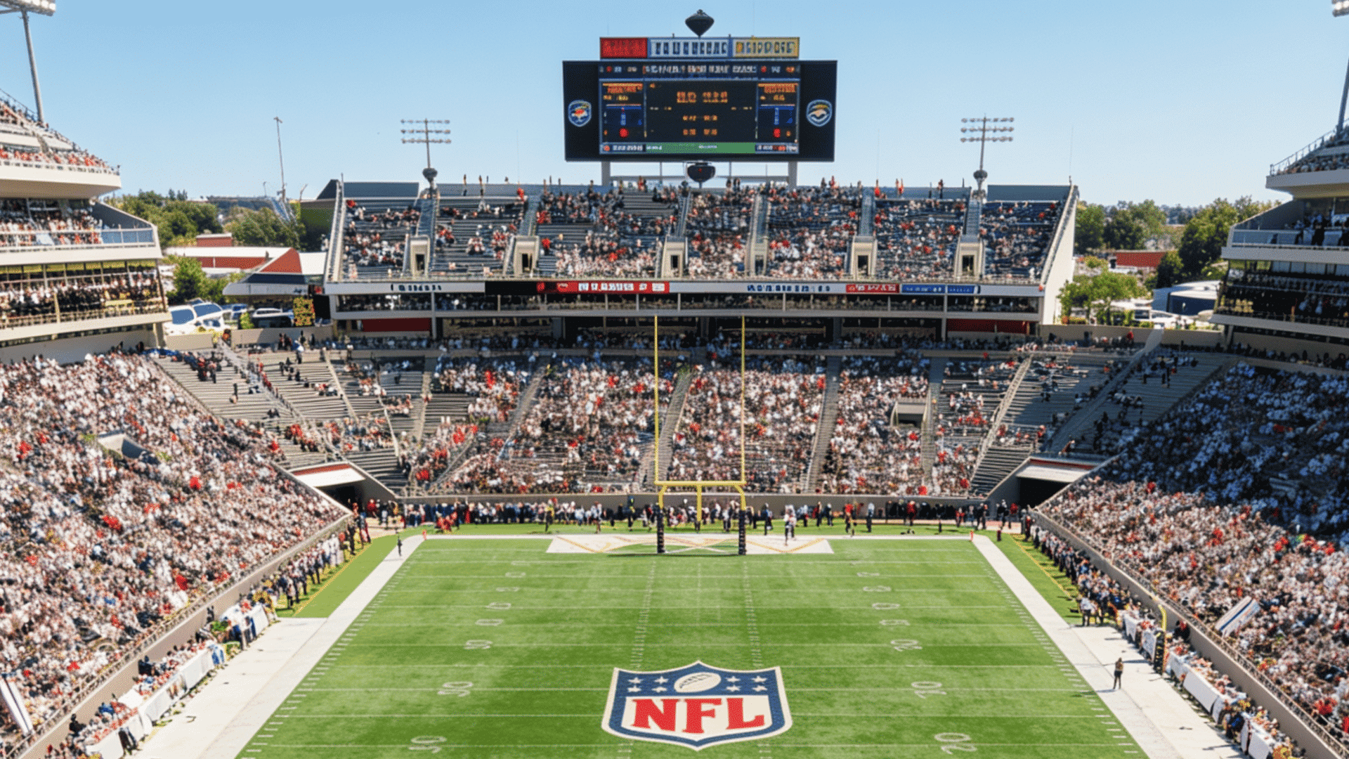 aerial view of a packed football stadium with the nfl logo prominently displayed on the green field