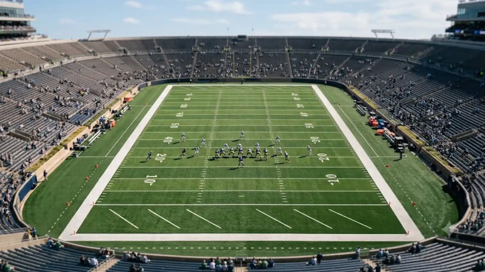 aerial view of football players in formation on a marked green field during a daytime game