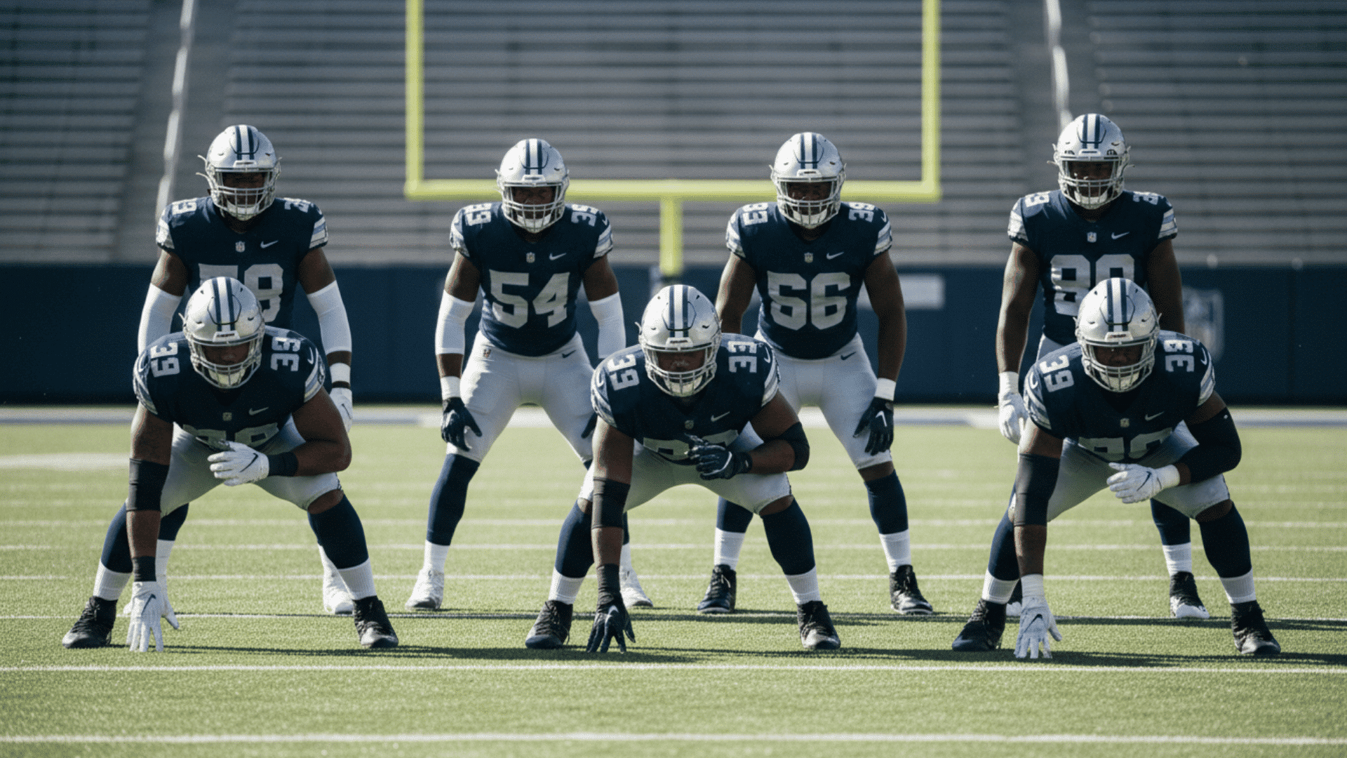 american football defensive line of six players in crouched stance on field during practice in stadium with goalposts