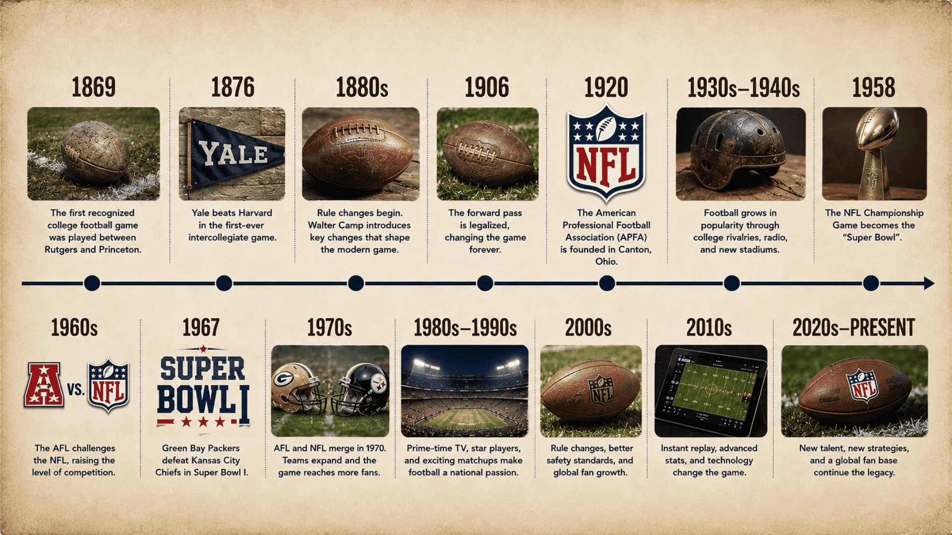 american football history timeline infographic showing major milestones from the first game in 1869 to the modern NFL era