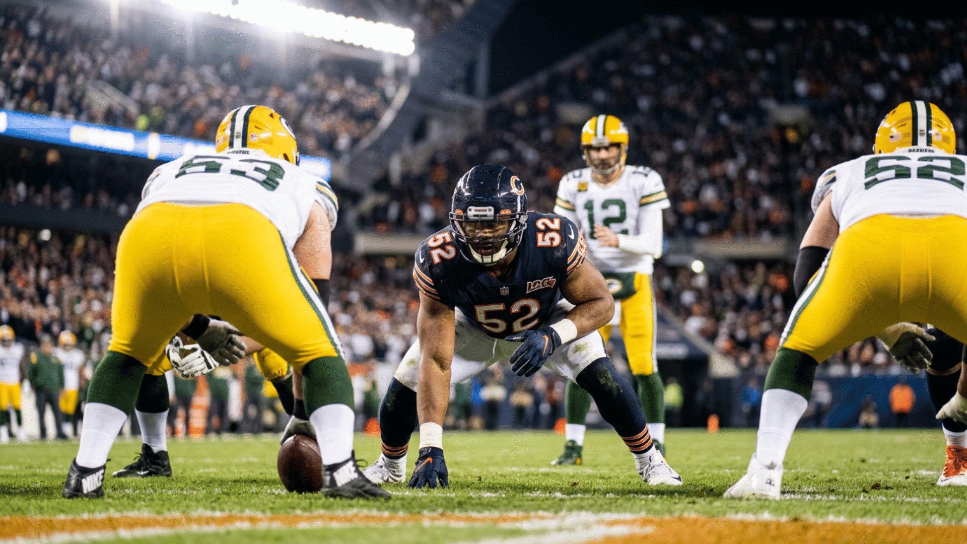 american football line of scrimmage with bears center crouched over ball facing packers players in yellow uniforms stadium crowd