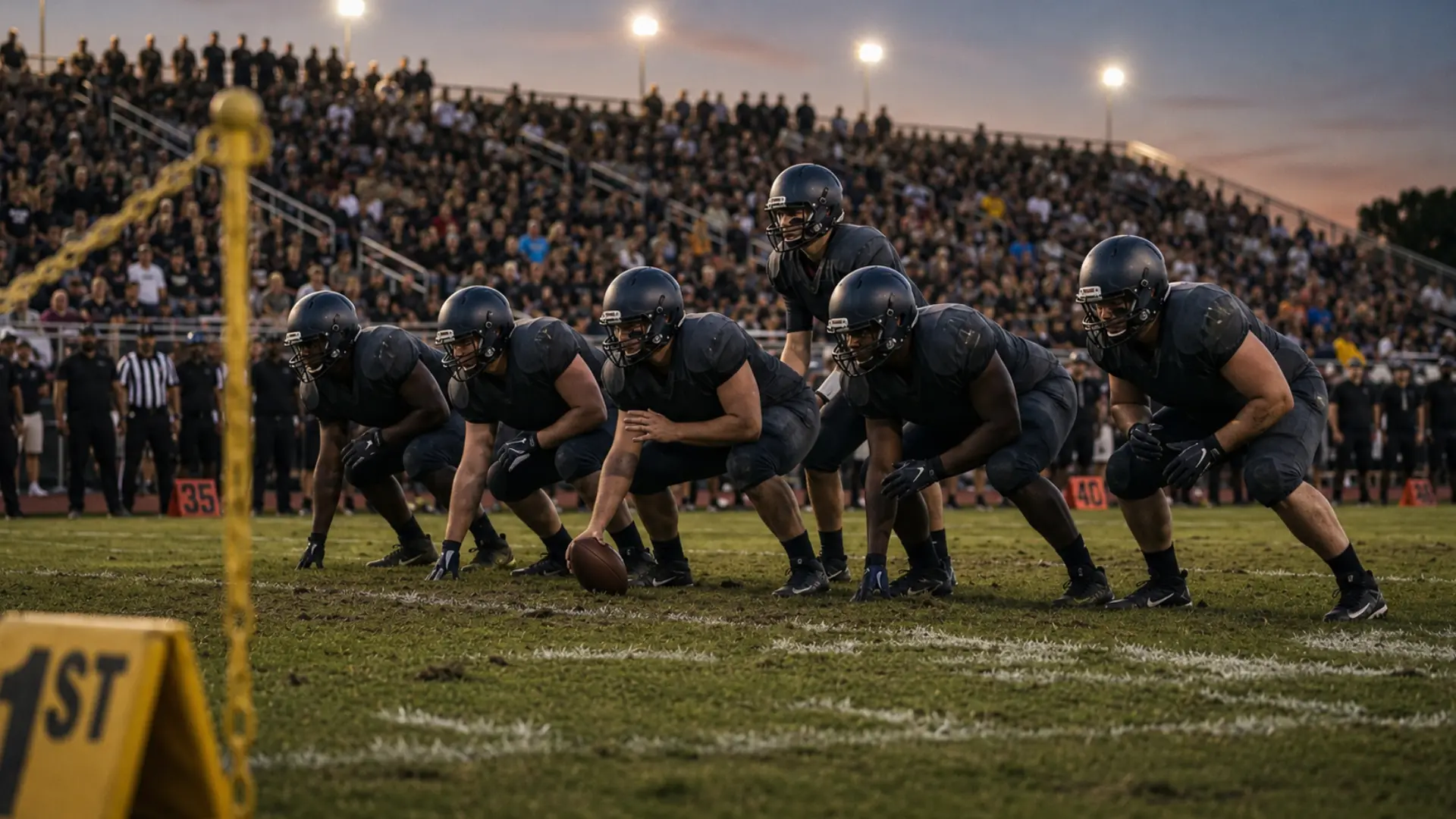american football offensive line crouched line of scrimmage with quarterback behind center ready for snap ball