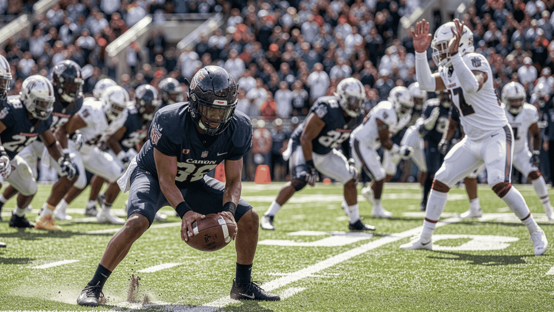 american football player crouched with the ball at the line of scrimmage before the snap during a game