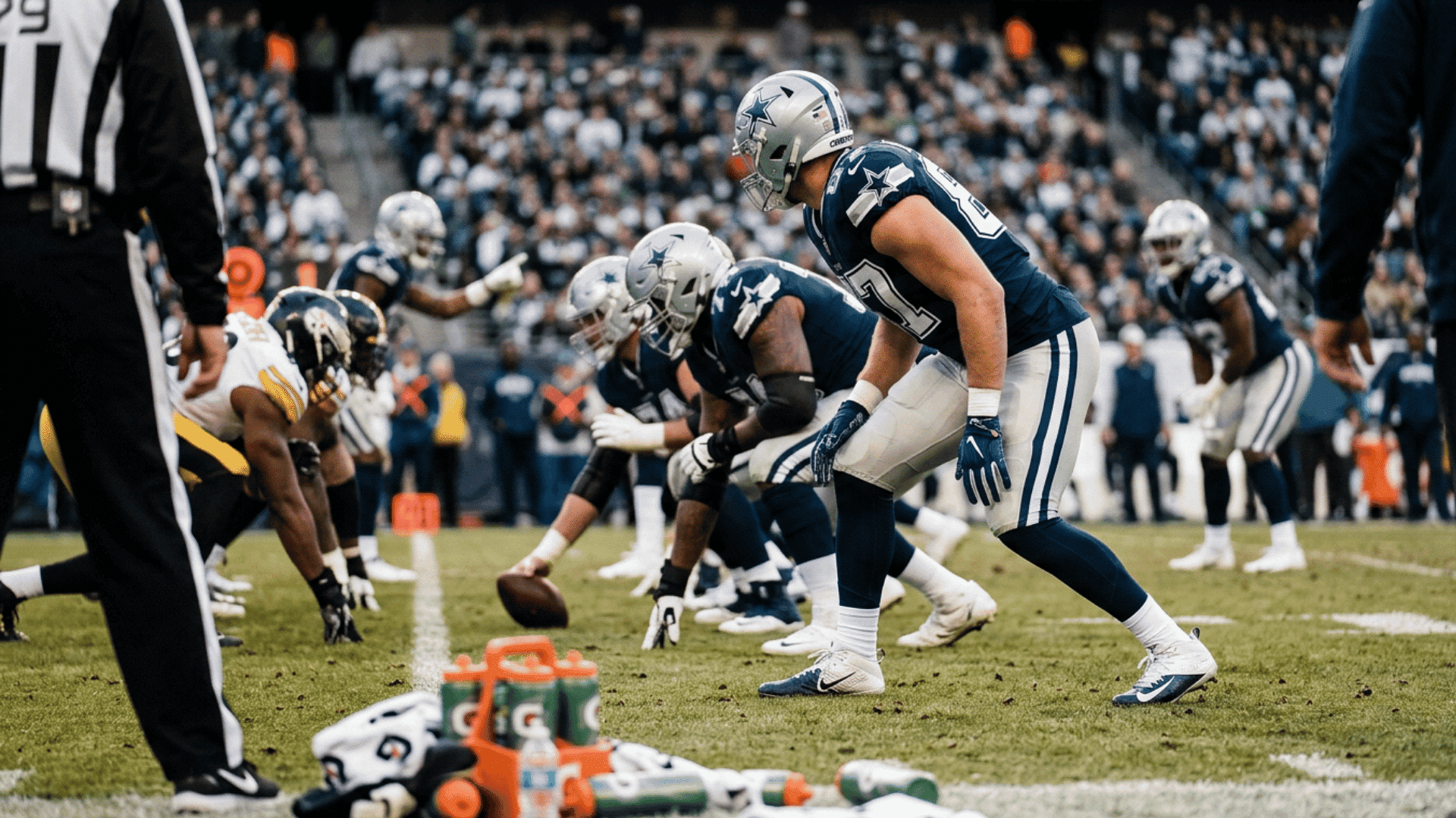 american football tight end lined up beside the offensive tackle before the snap showing size strength and receiving versatility in a realistic game setting