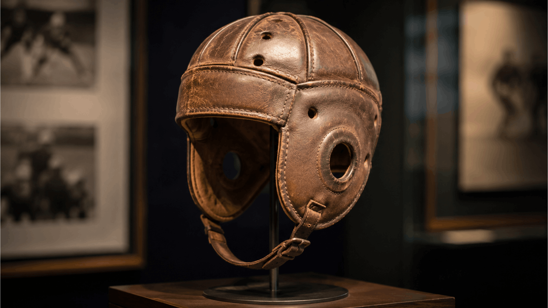 antique leather football helmet displayed on black stand in museum setting with blurred photos in background warm lighting highlighting texture
