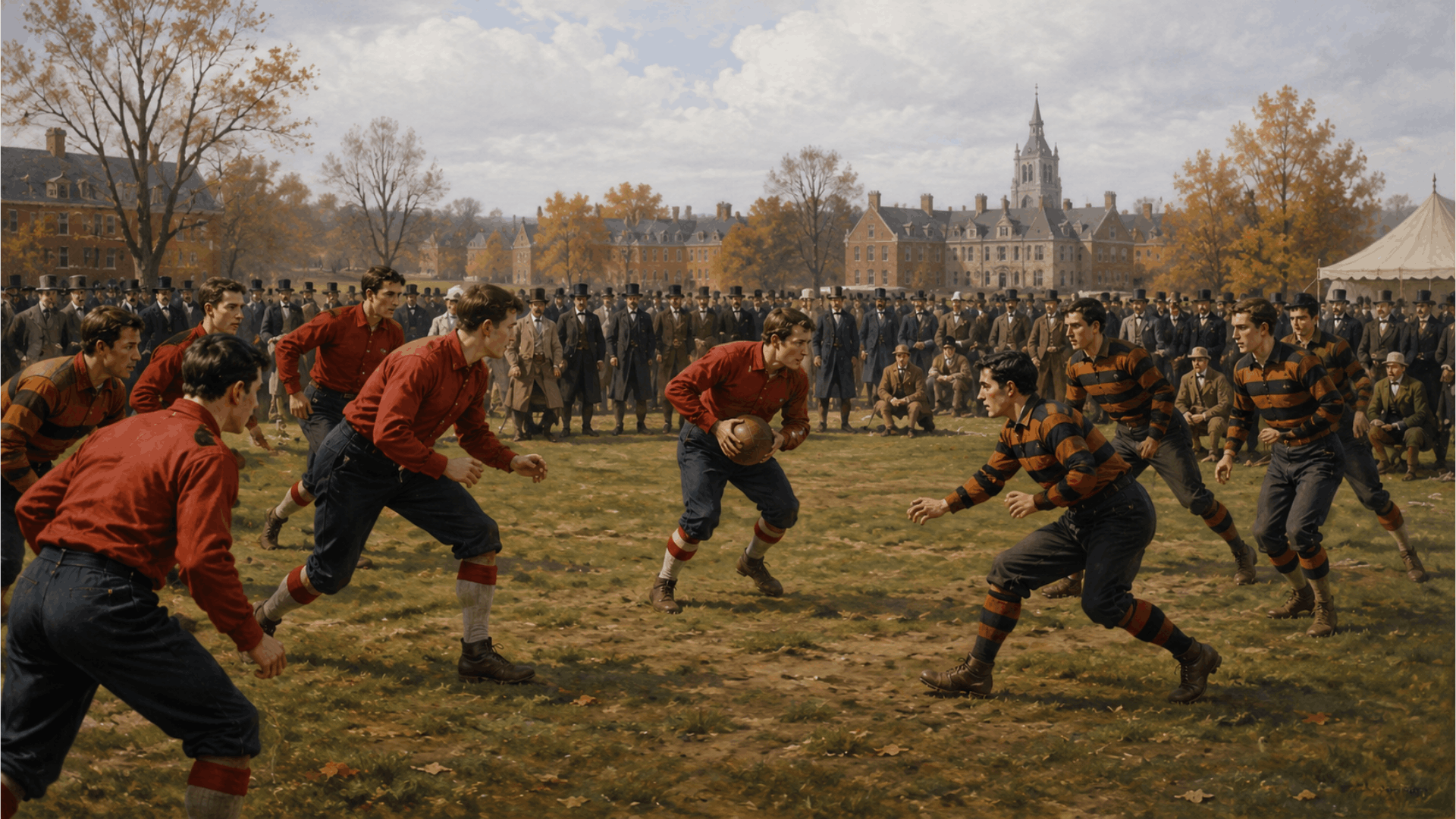 artistic recreation of the 1869 rutgers and princeton football match with players and spectators on a college field