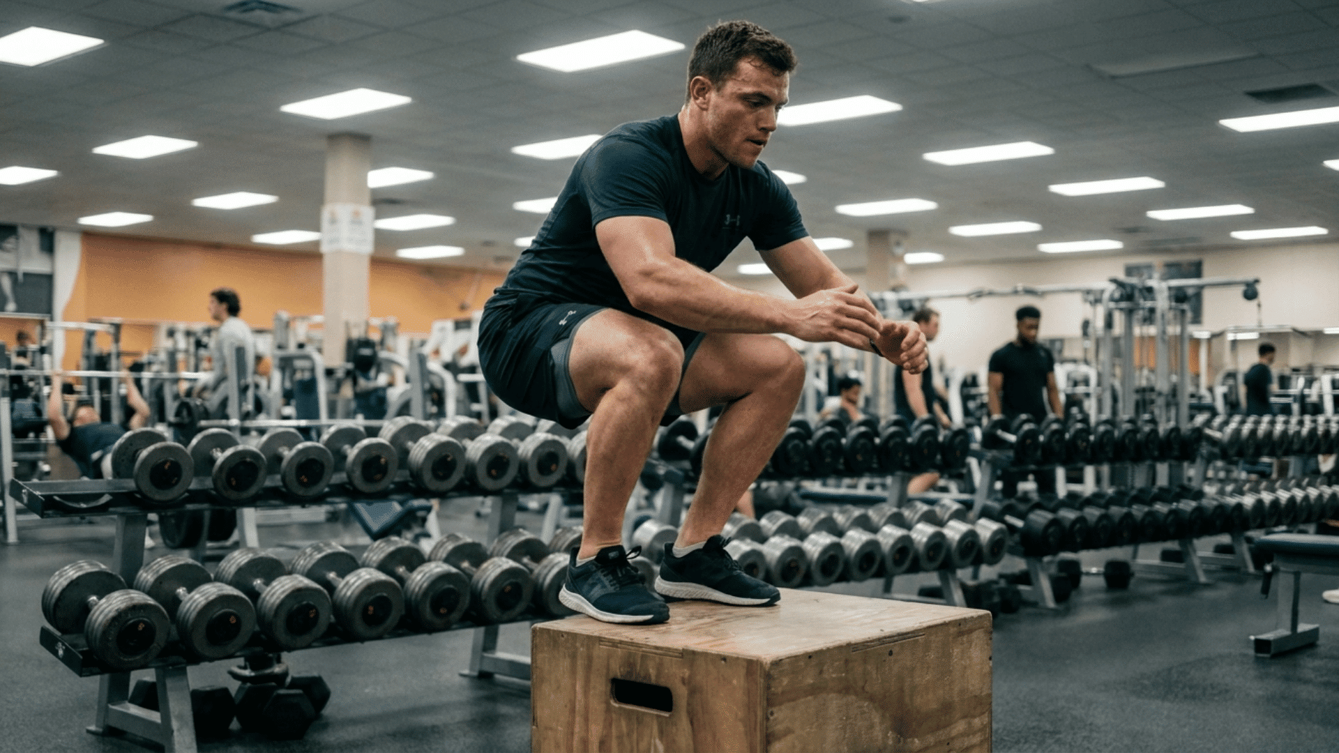 athlete captured mid-air during a box jump onto a wooden plyo box in a gym