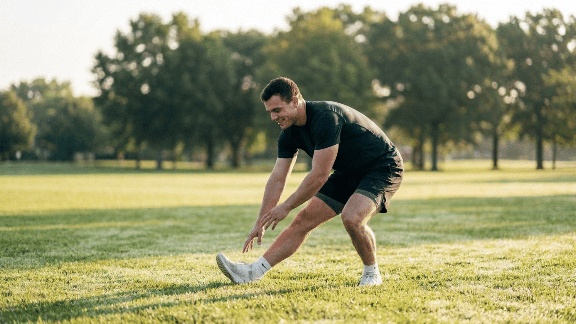 athlete doing a relaxed standing hamstring stretch on a grassy field in soft morning light
