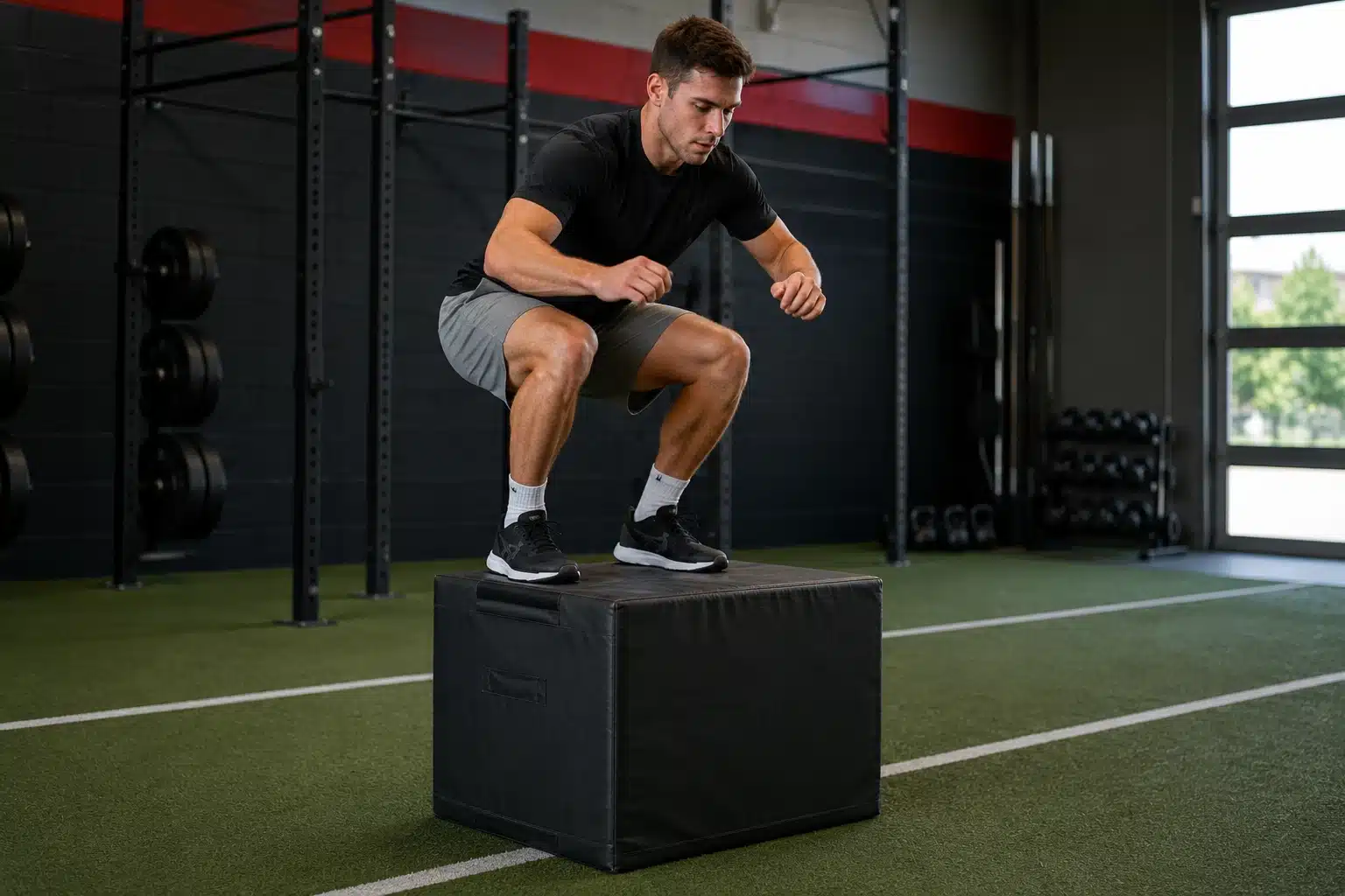 athlete landing softly on a plyo box during speed and agility training