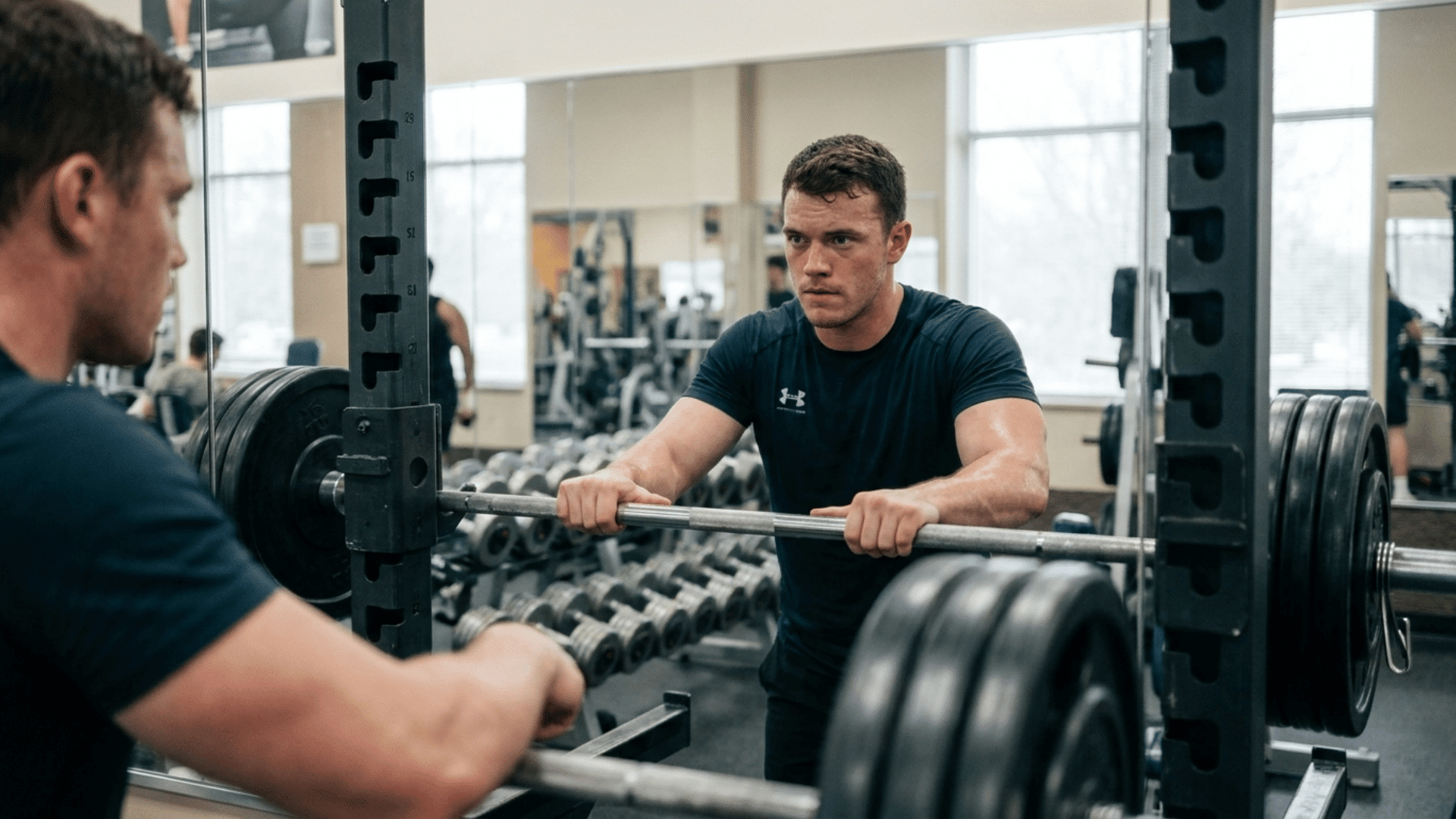 athlete pausing to check his barbell lifting form in a gym mirror during a workout