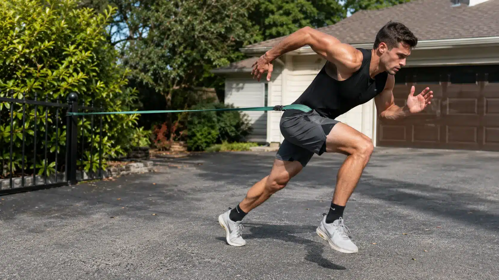 athlete sprinting against a resistance band in a driveway to build hip drive and acceleration