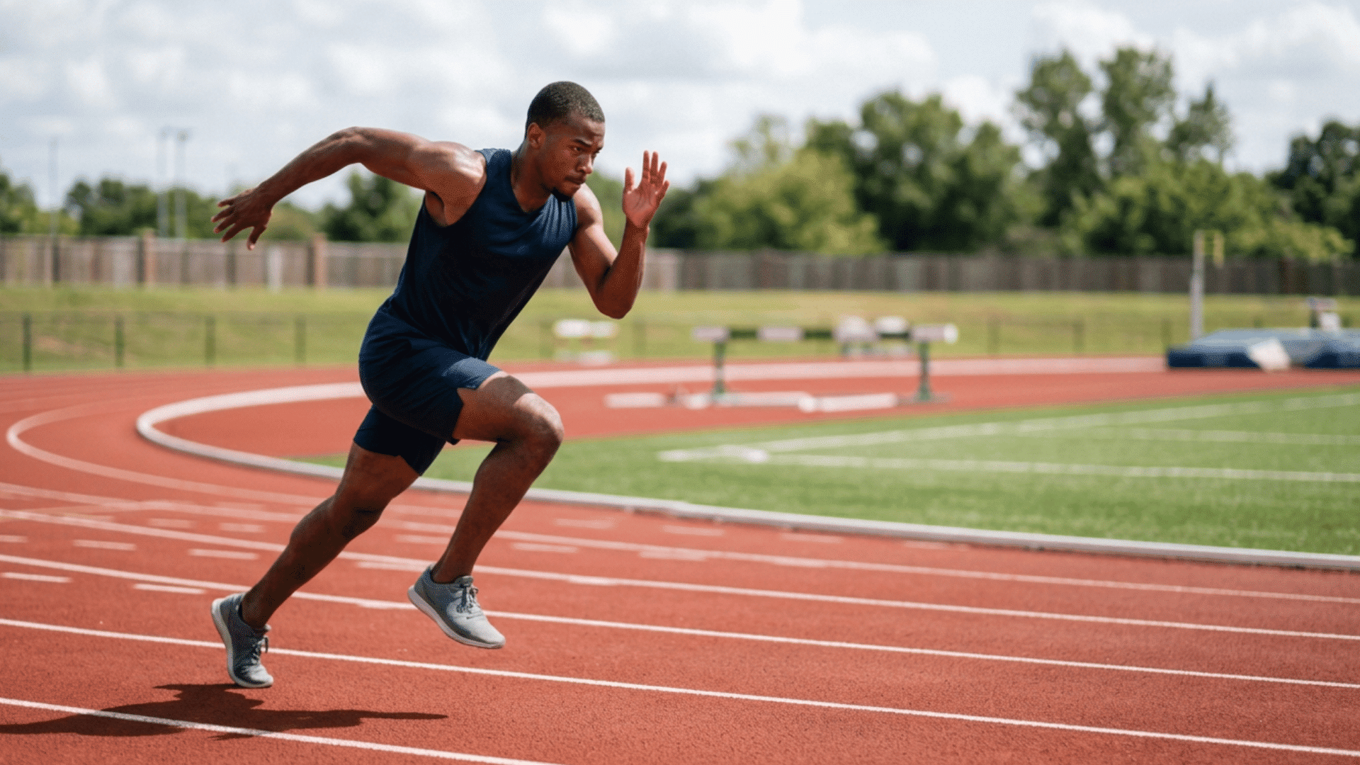 athlete sprinting with strong arm drive high knee lift and natural effort during speed training drill