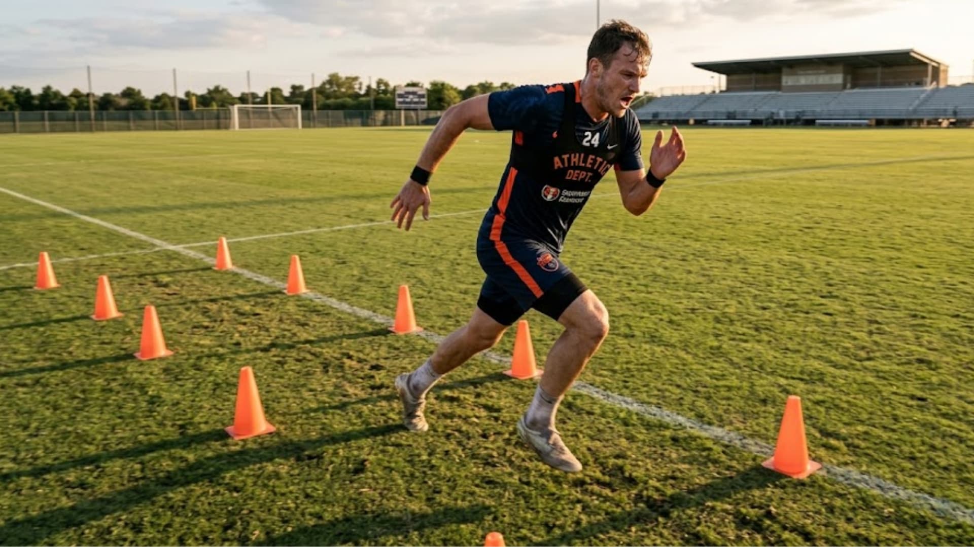 athlete sprints past training cones on open field during conditioning workout at sunset