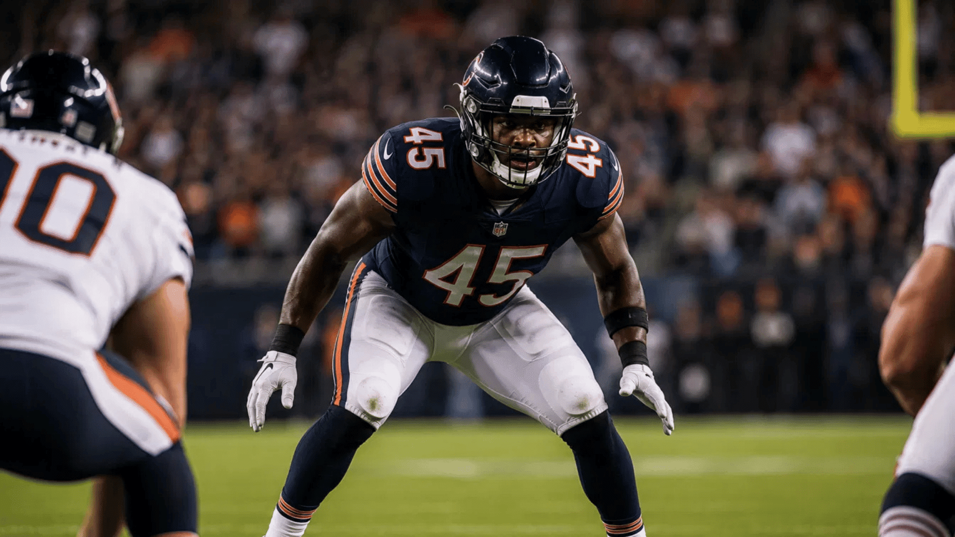 bears middle linebacker number 45 in a ready stance reading the offense at the line