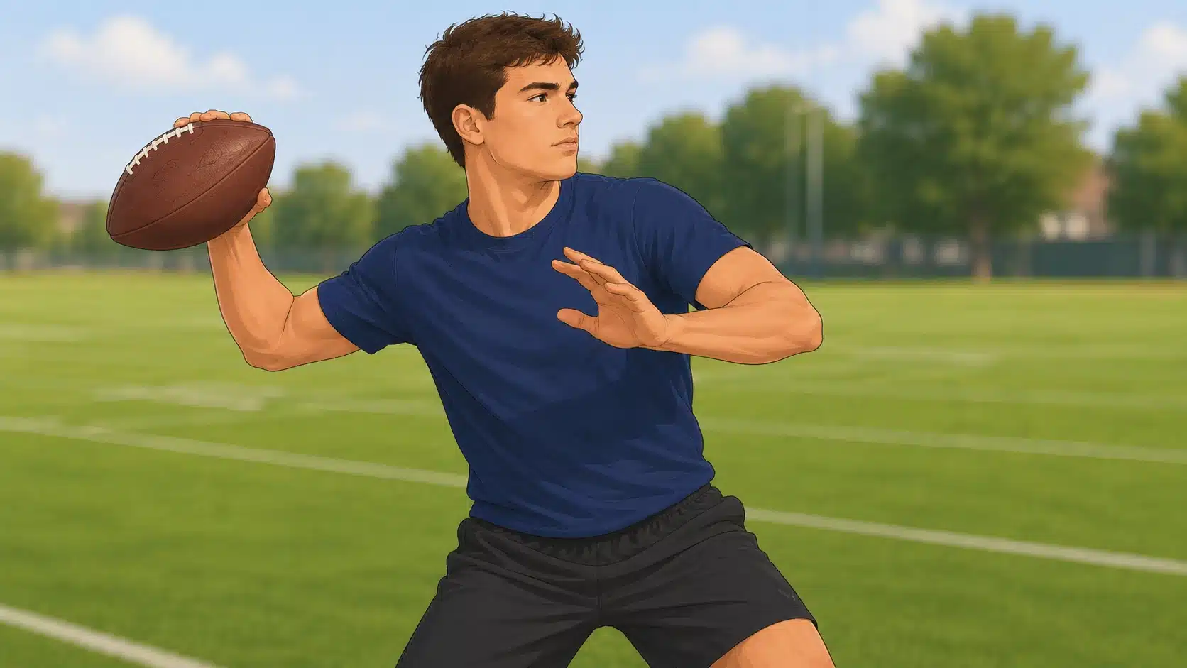 beginner football player holding the ball near his shoulder in a balanced throwing stance on a practice field