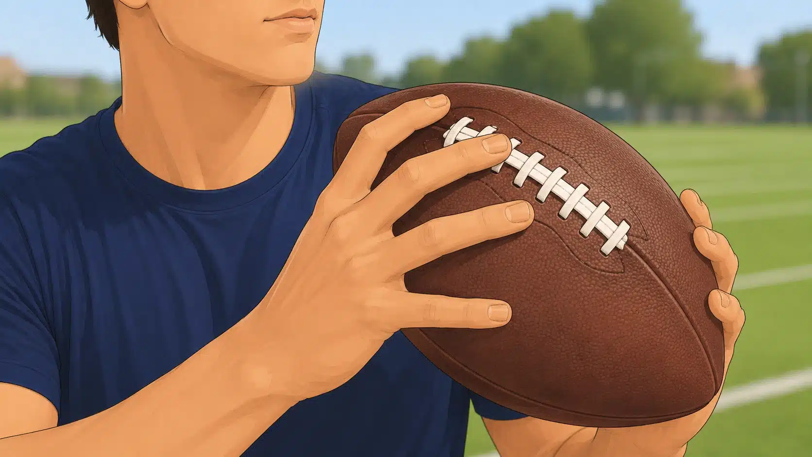 beginner football player holding the ball with fingers positioned near the laces and the index finger set farther away