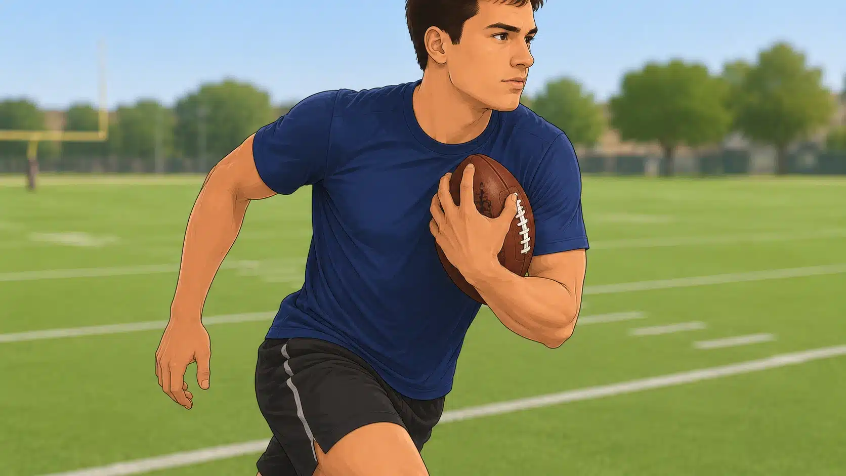 beginner football player running with the ball held high and tight against his chest using the four point pressure method