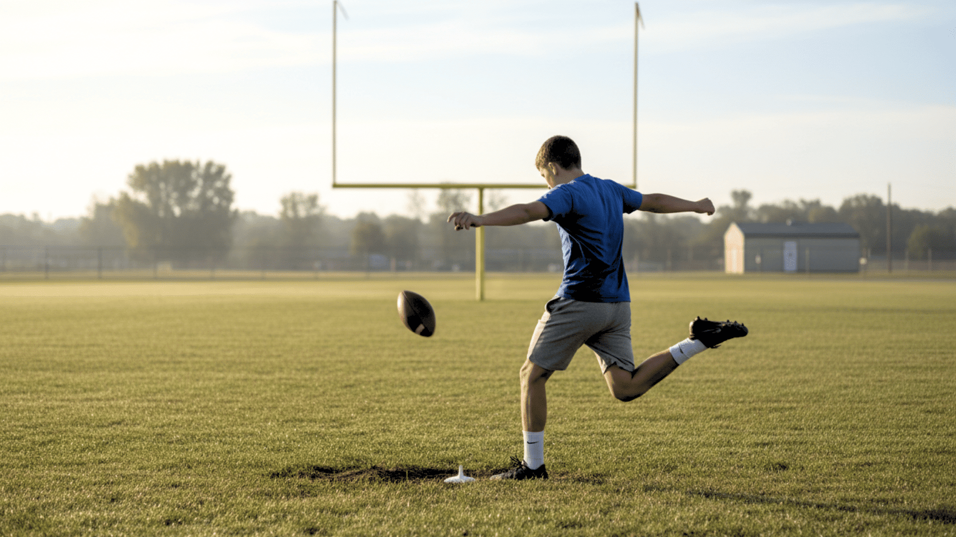beginner kicking an american football from a tee on a quiet practice field with goalposts behind