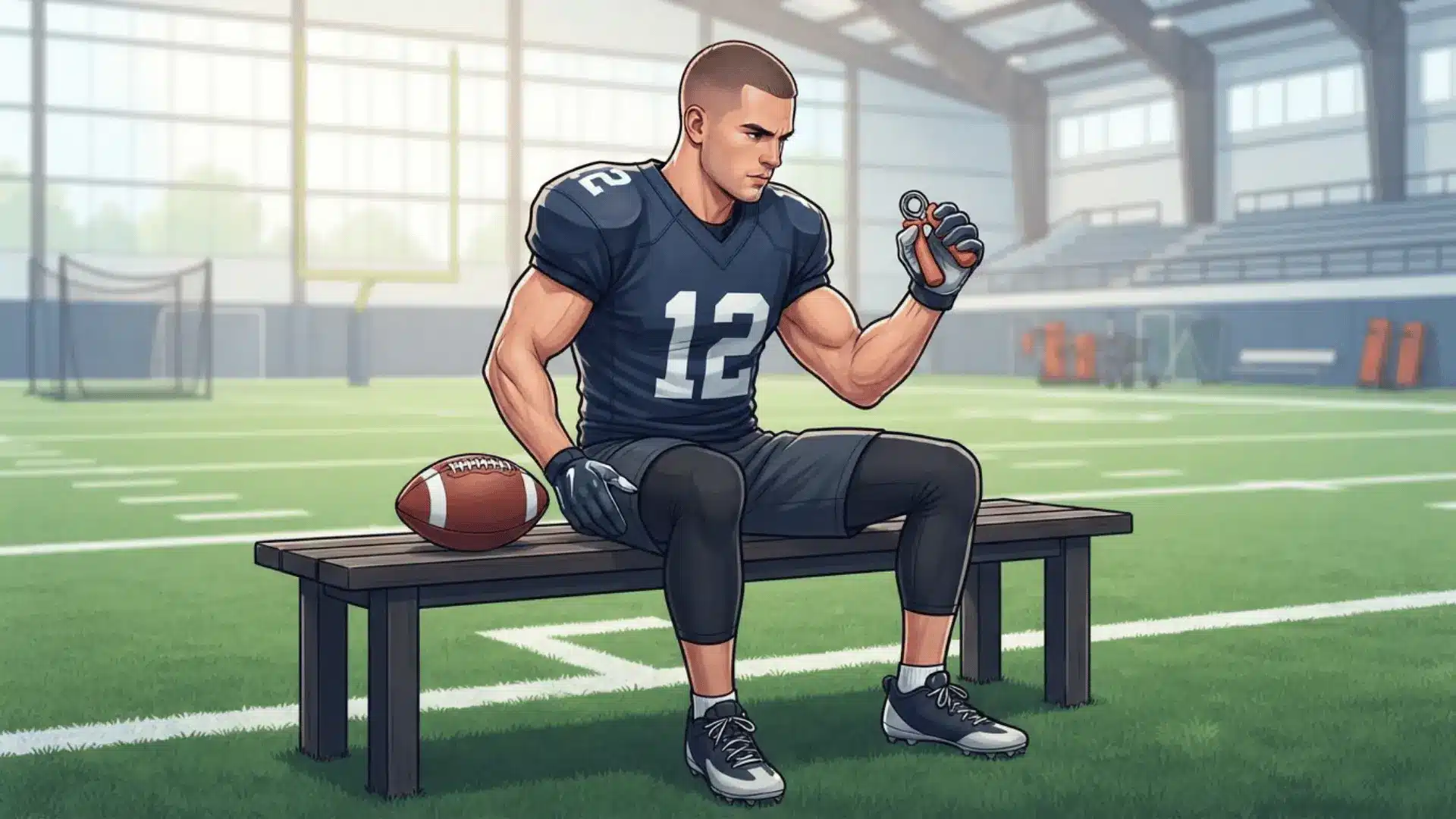 a football player sits on a bench beside a ball and studies a hand grip trainer on an indoor field