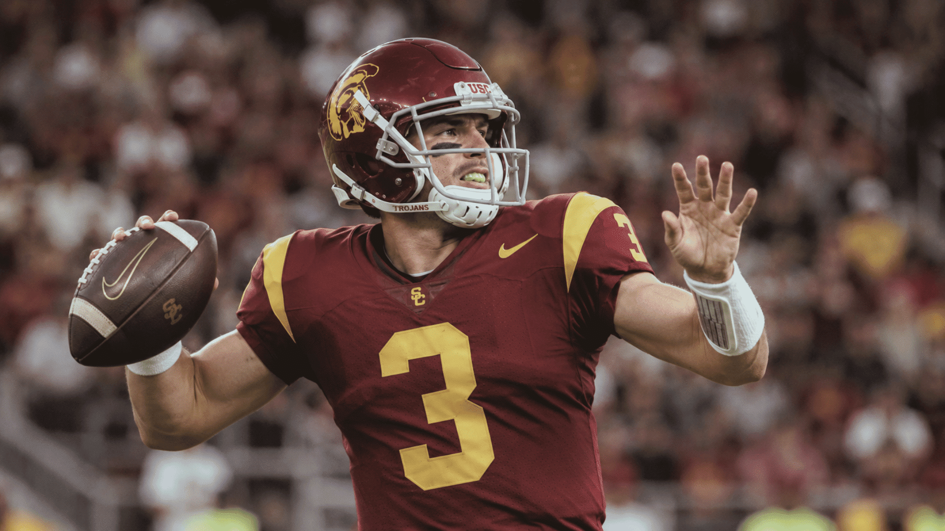 carson palmer preparing to throw a pass during a football game with a packed stadium crowd