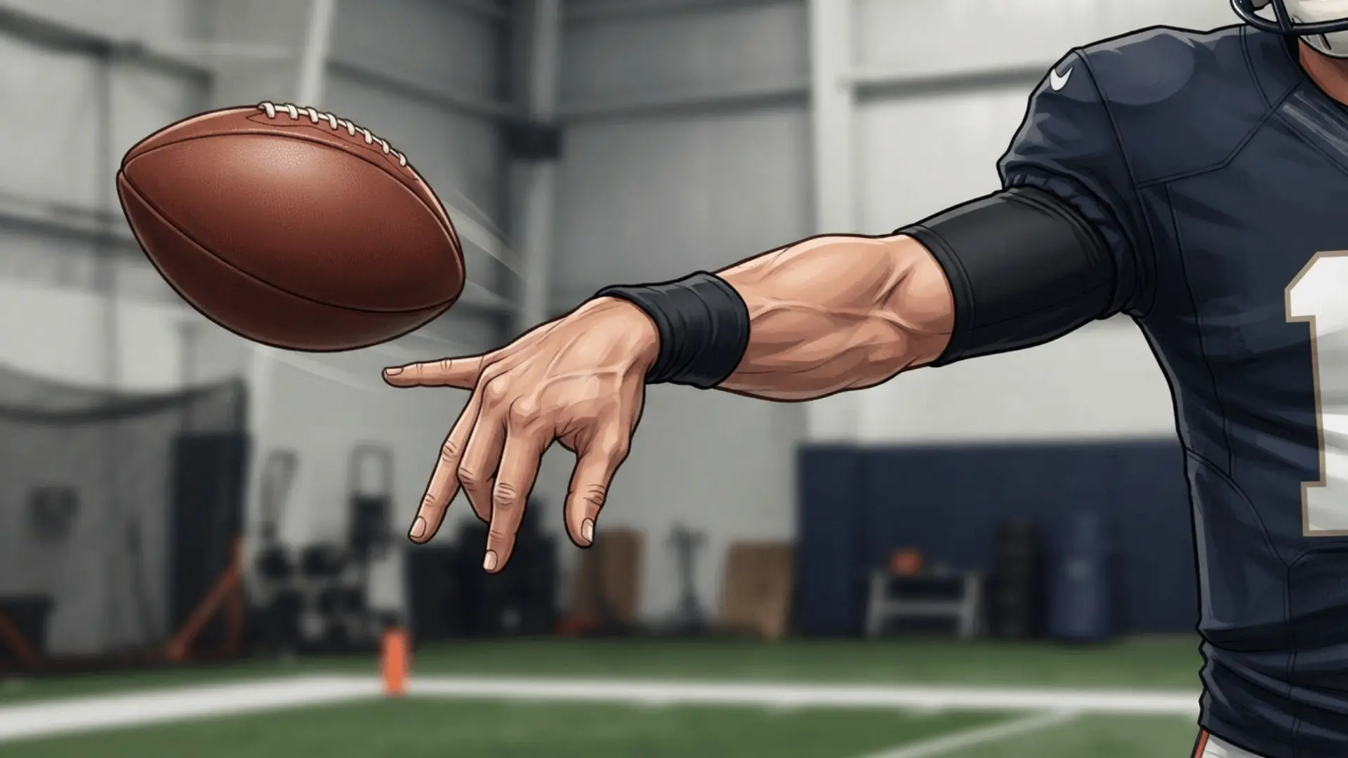 a close view shows a football leaving a players hand as his fingers snap down on an indoor field