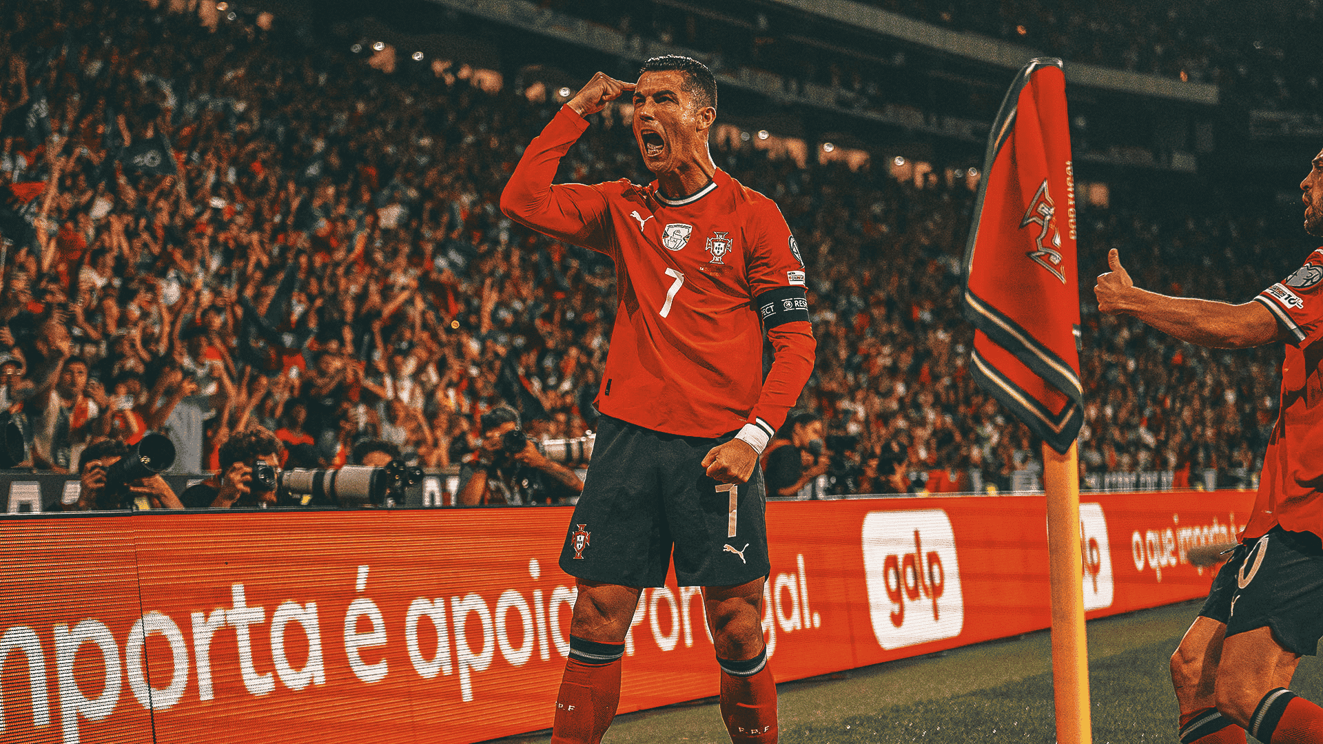 christiano ronaldo in his iconic portugal jersey celebrating a game changing goal screaming at the audience with immense aura