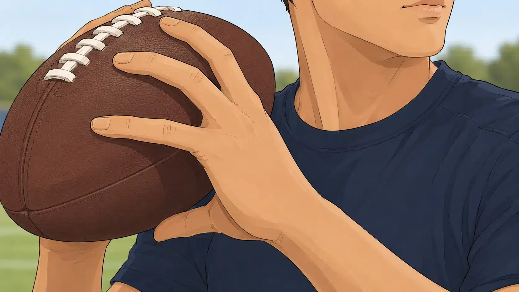 close up of a football player gripping the ball with thumb underneath and fingers spread across the surface