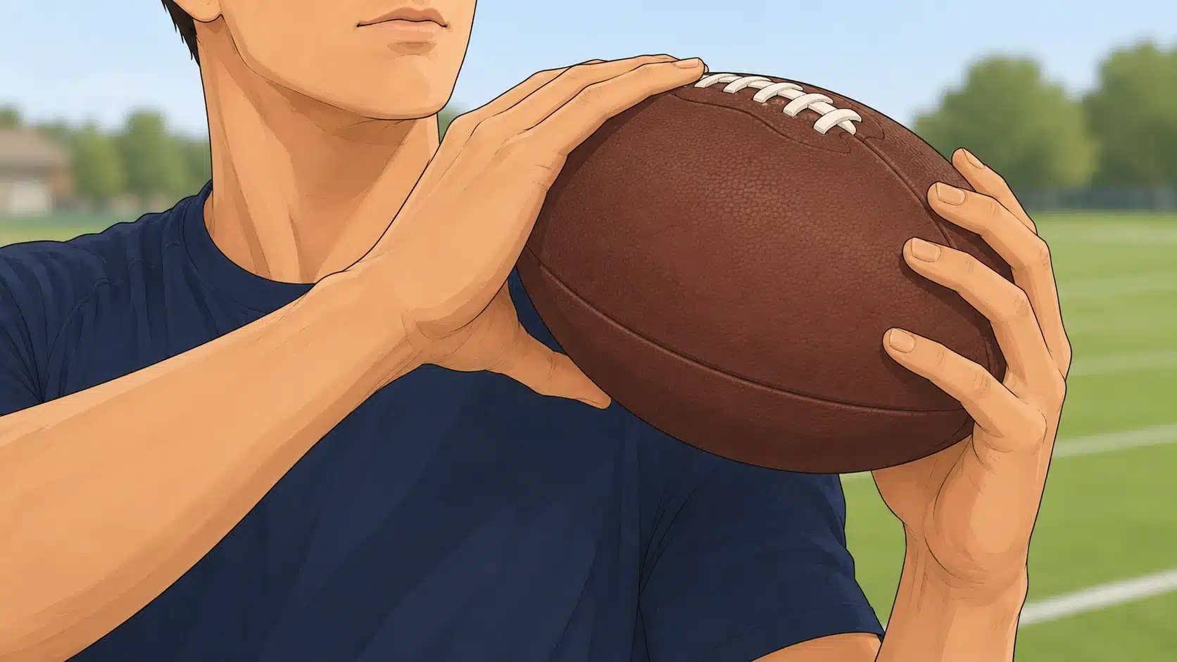 close up of a football player holding a football with the thumb tucked underneath and fingers spread in a clamp like grip
