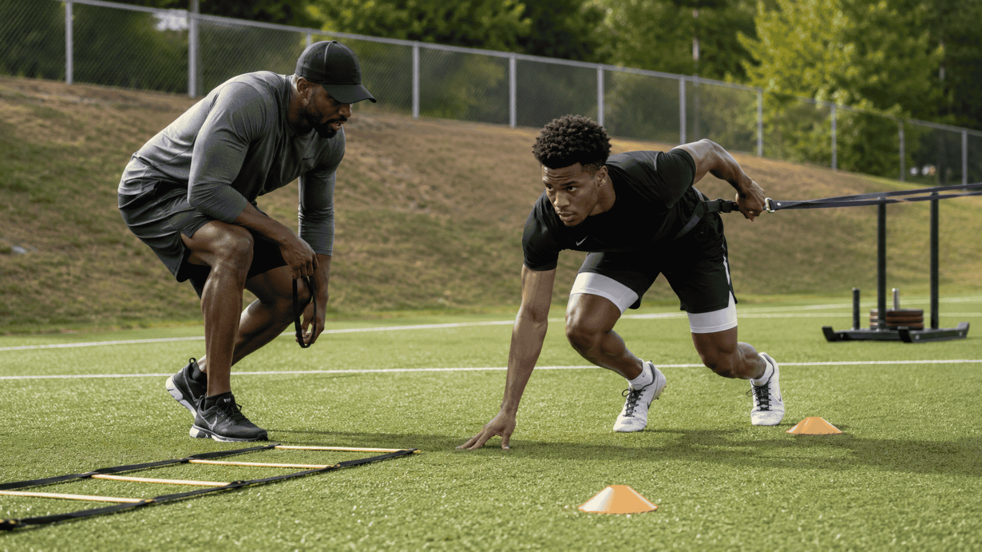 coach guiding an athlete through sprint speed training on turf with cones ladder resistance band and sled