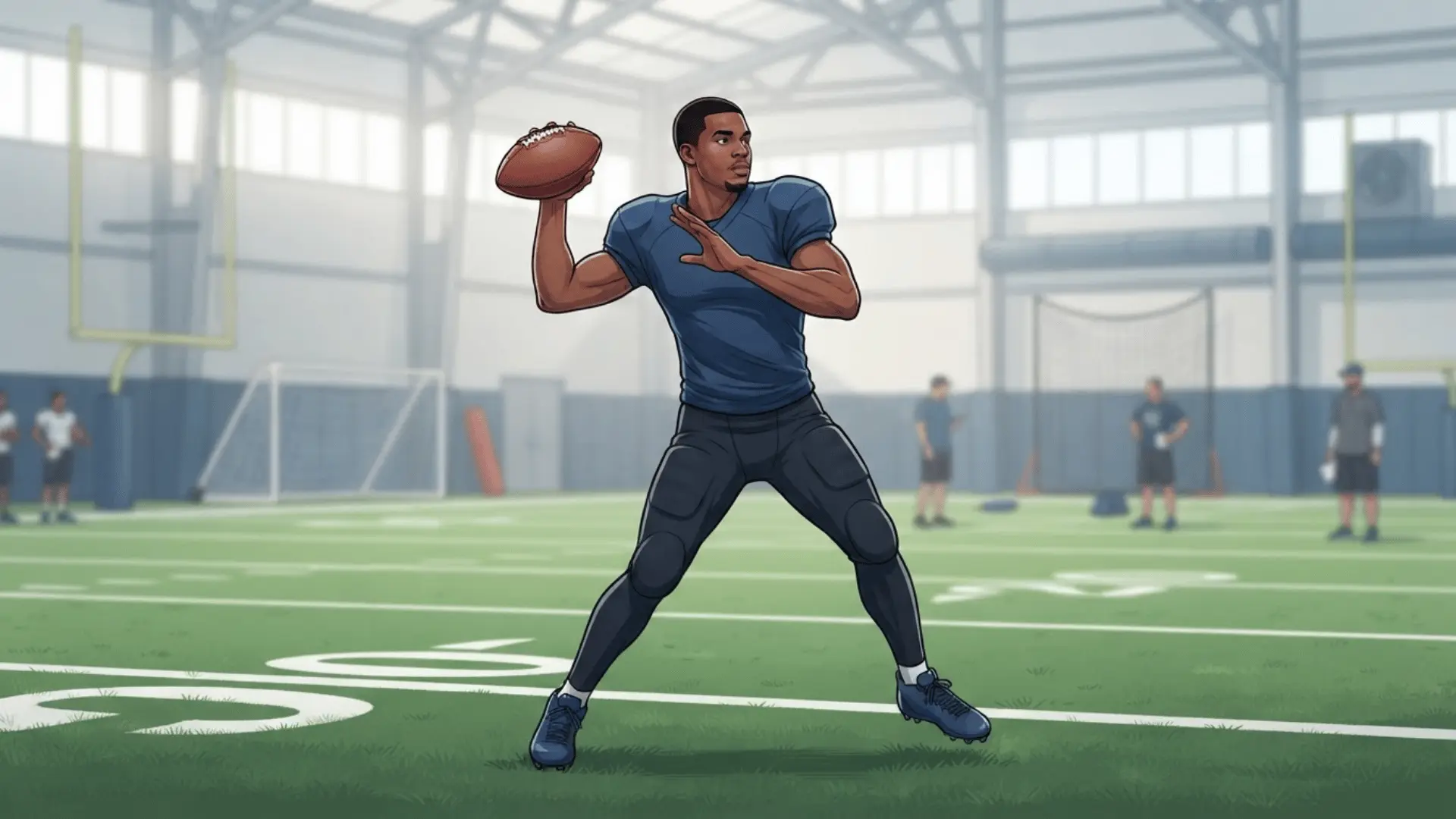 a football player in a blue shirt winds up to throw the ball during indoor practice on a turf field