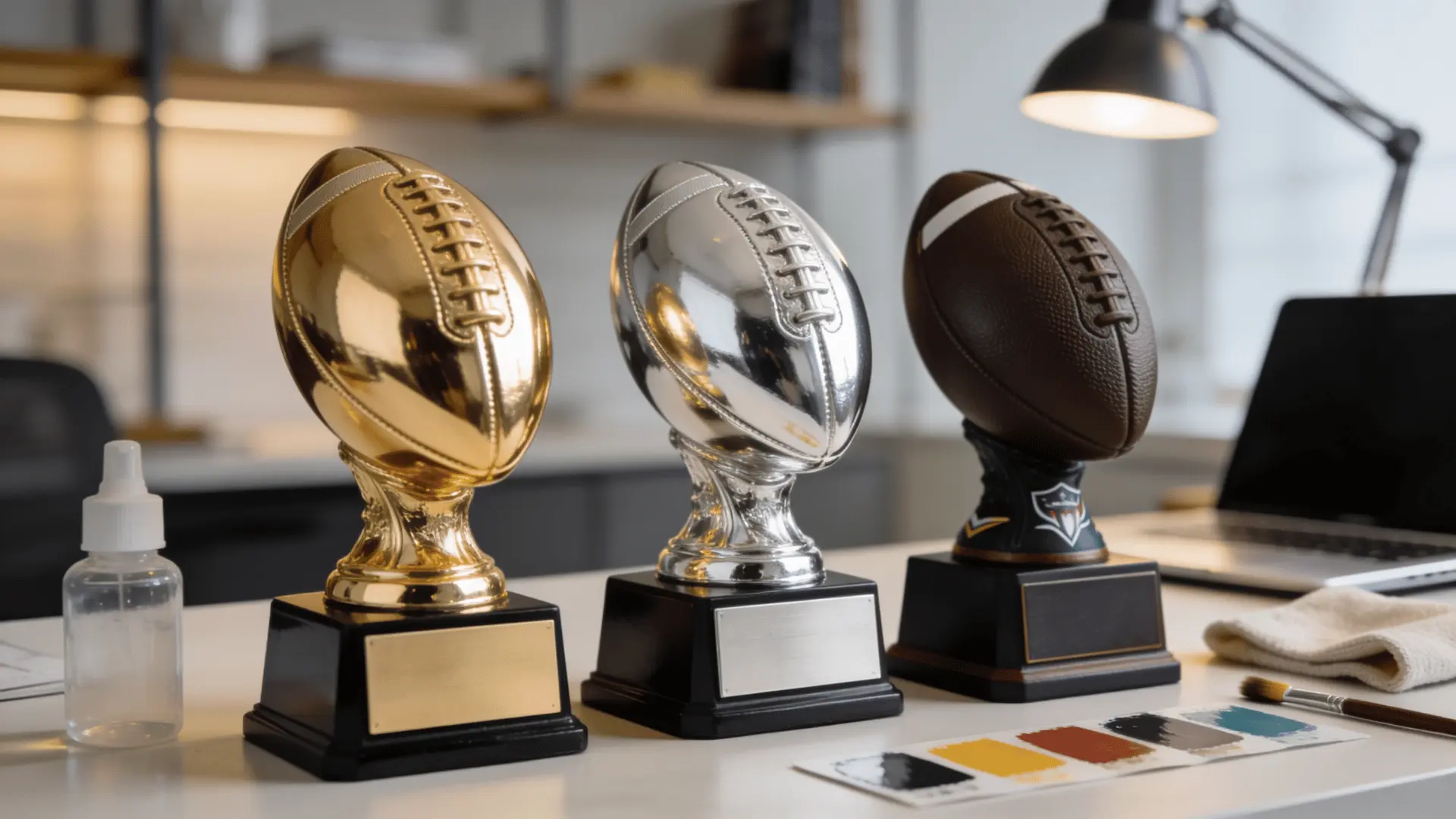 painted fantasy football trophies on office desk