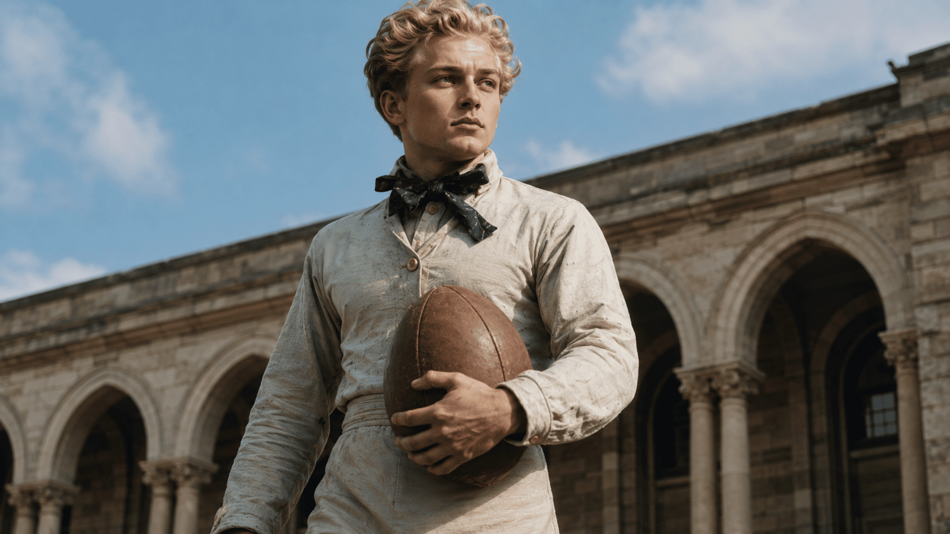 colored illustration of william webb ellis holding a rugby ball before gothic arches